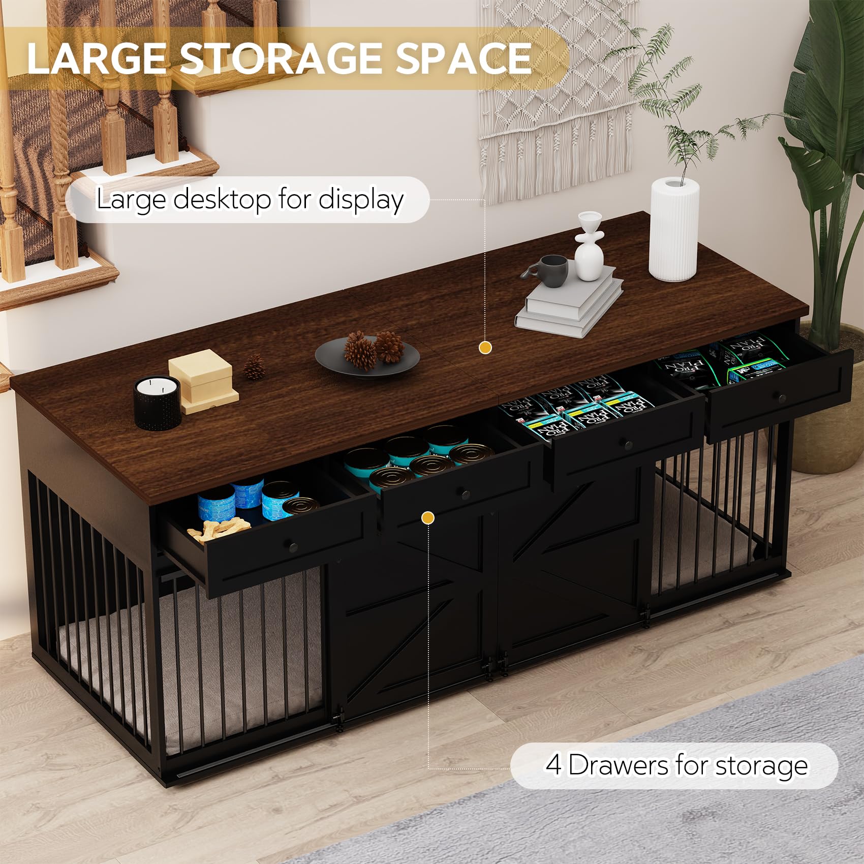 Furniture Style Dog Crate - Indoor Wooden Dog Kennel Furniture With 4 Drawers & 2 Sliding Barn Doors - For Small Medium Large Do