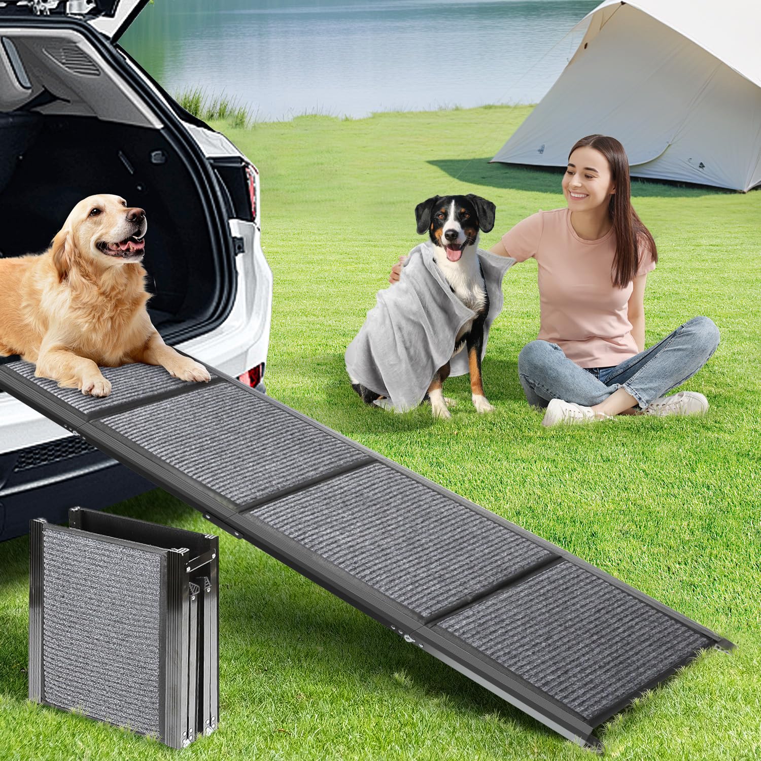 Dog Ramp for Car, Longest 71 Portable Folding Pet Ramp with Extra Pet Blanket, Car Ramp with Non-Slip Rug Surface, Gentler Dog S