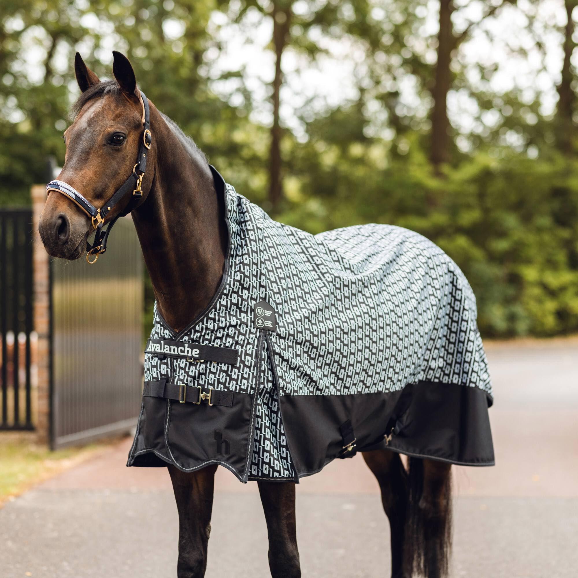 HORZE Avalanche 1200D High Neck Turnout Rain Sheet (No Fill) | Lightweight Waterproof Horse Blanket - Dark Navy/Dawn Grey Print