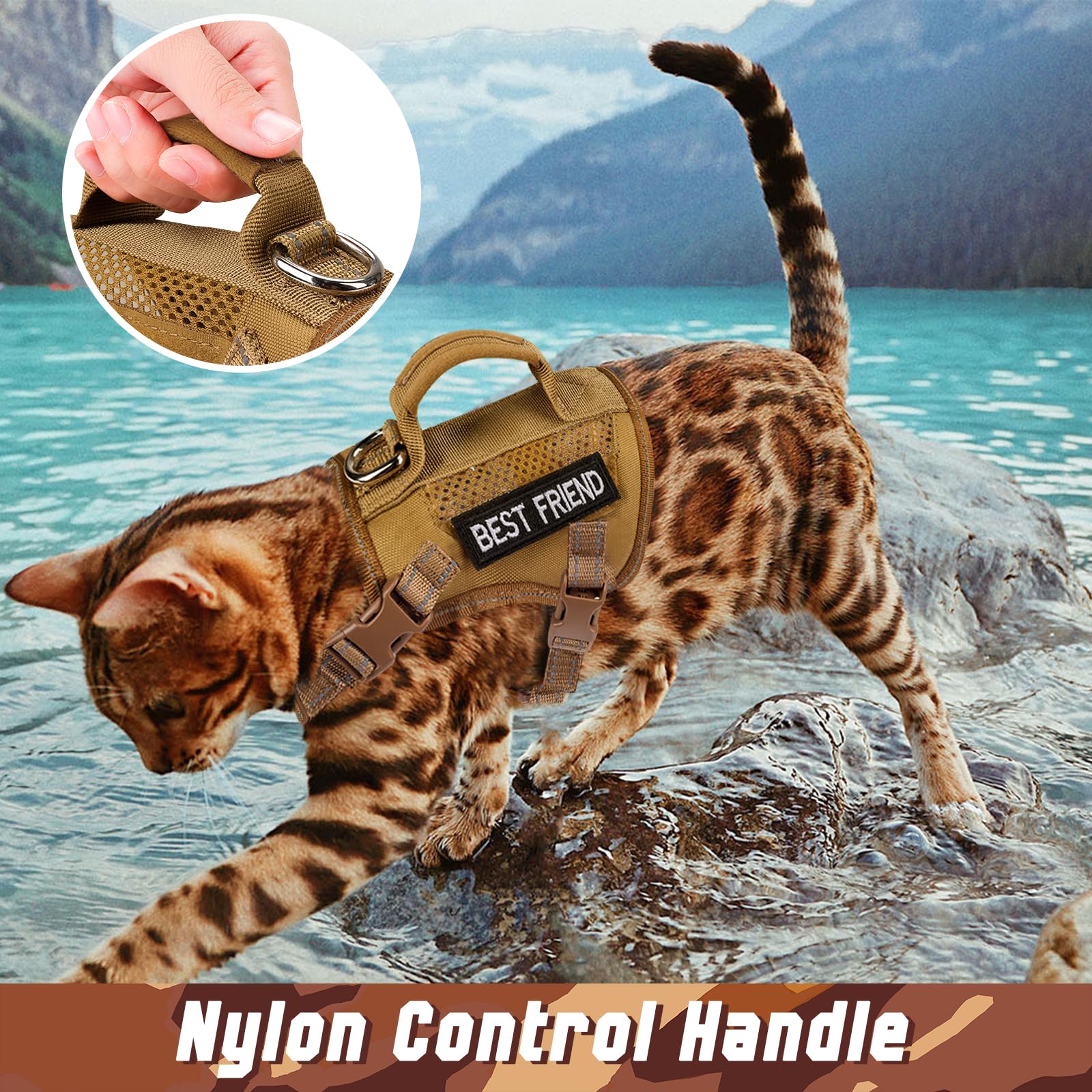 Salfse Large Tactical Cat Harness With Handle, Air Mesh Adult Cat Walking Vest Harness Escape Proof, Reflective, Adjustbale, Bre