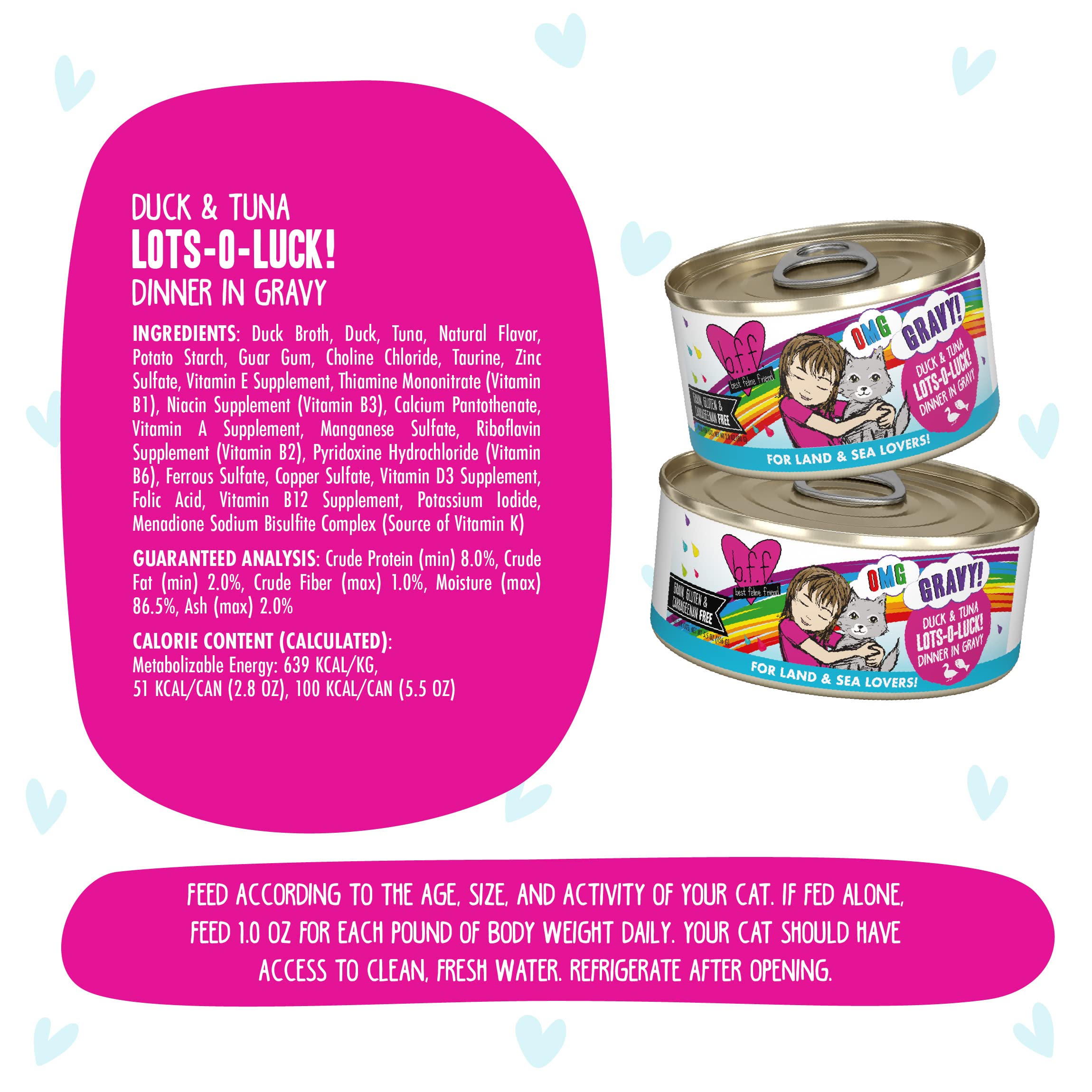 Weruva B.F.F. OMG - Best Feline Friend Oh My Gravy!, Lots-O-Luck! with Duck & Tuna in Gravy Cat Food, 2.8oz Can (Pack of 12)