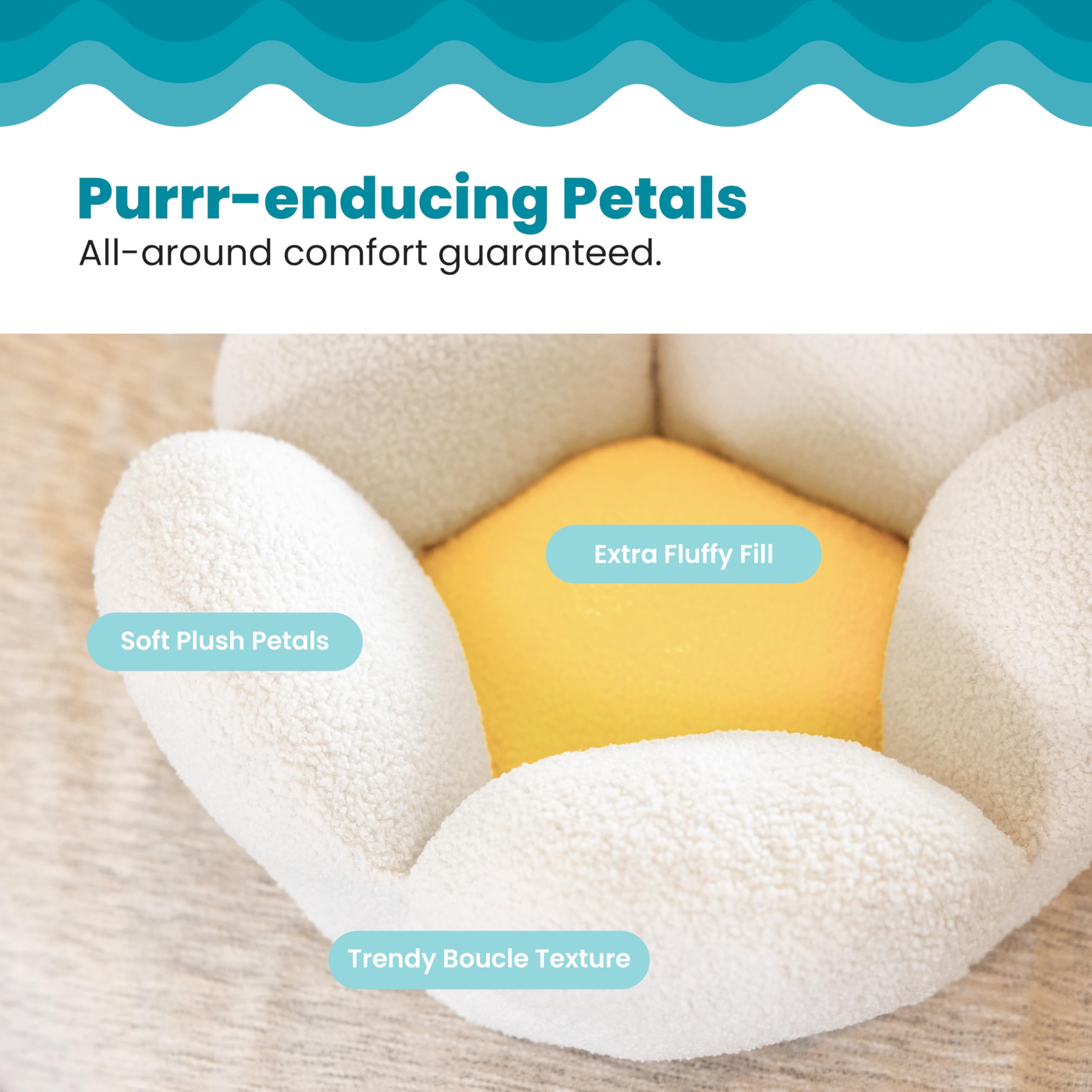 Catstages Purrfect Petals Washable Flower Shaped Round Cat Bed For Indoor Cats, Plush, White