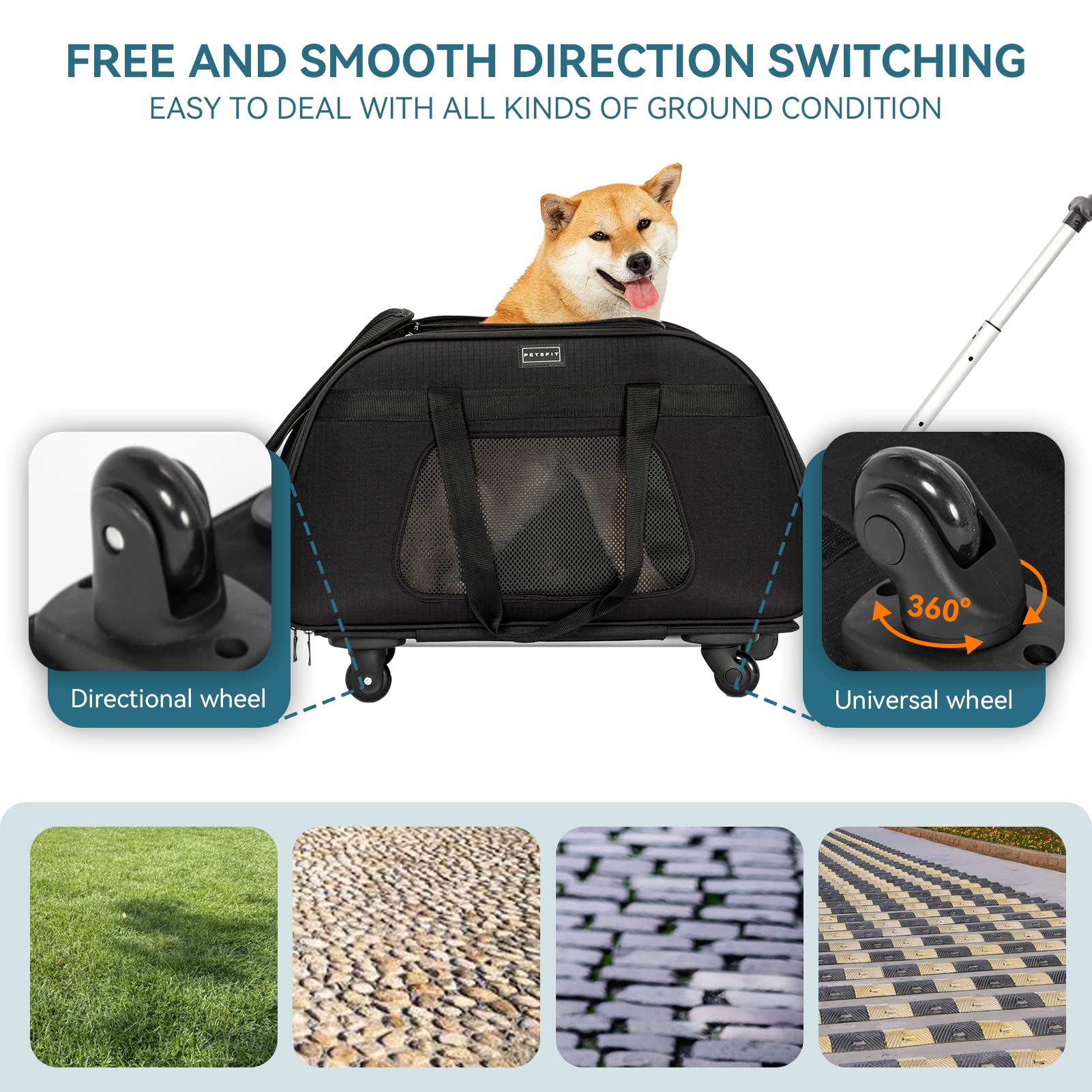 Petsfit Extra Large Pet Carrier With Wheels- Rolling Dog Carrier For 2 Small Dogs, Large Cat Carrier On Wheels With Adjustable S