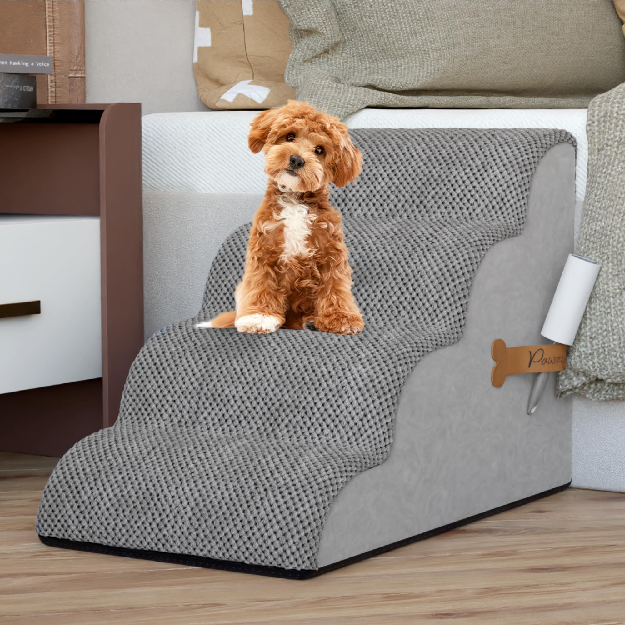 Pawzy Foam Pet Stairs For Bed, Couch Or Window Prefixed Cover - Wide Steps For Bed, Waterproof, Non-Slip Base - 4 Tier Ramp Dog