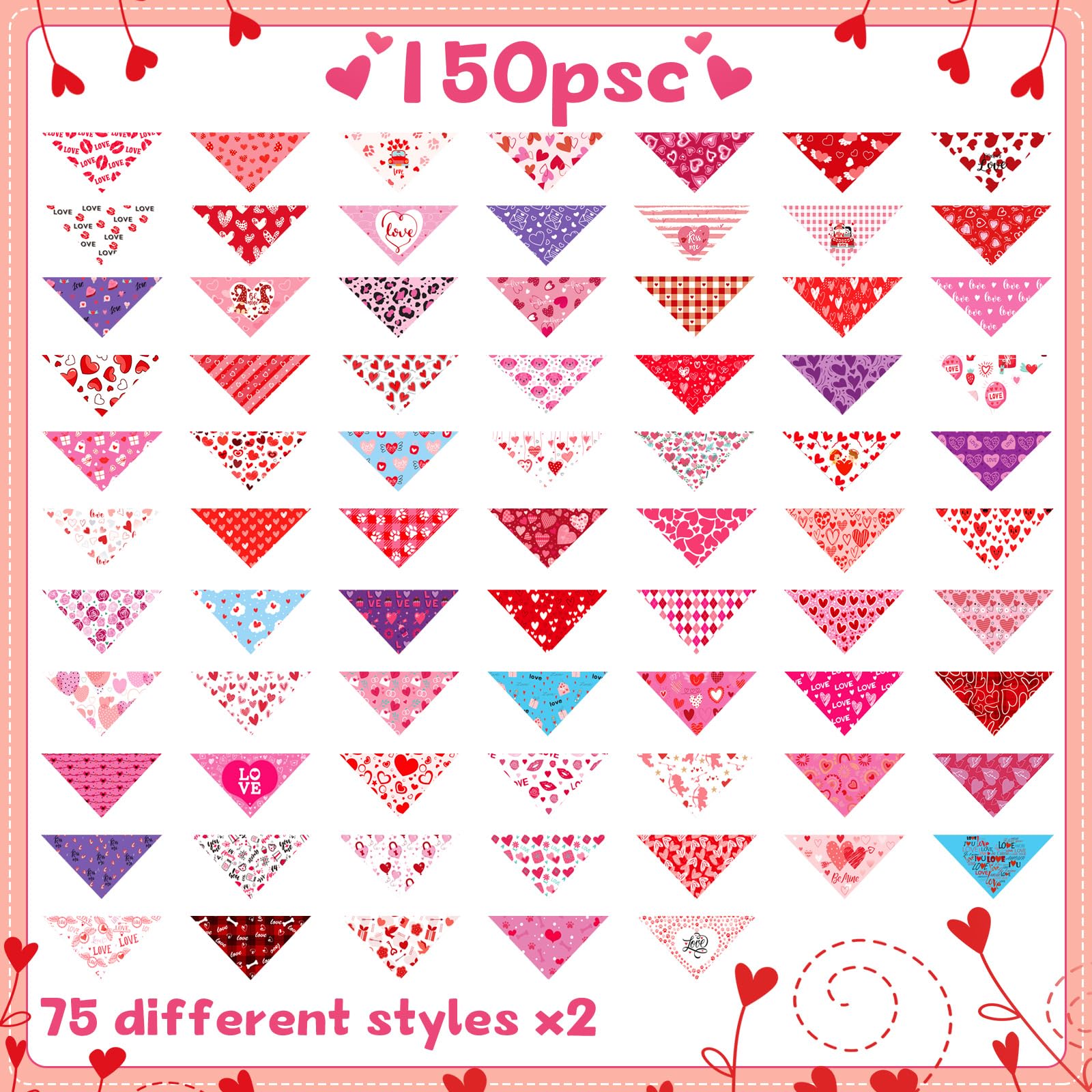 Abbylike 150 Pcs Valentines Day Dog Bandanas Bulk Heart Bandanas Triangle Washable Dog Scarf Adjustable Pet Bib Handkerchief For