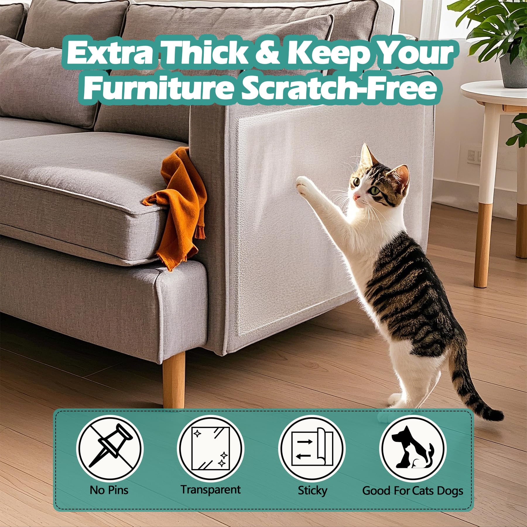 Wawiny Cat & Dog Scratch Protector 16-Pack (12''X16''/30X40Cm) - Clear Self-Adhesive Furniture Tape, Cut To Fit, No Residue Remo