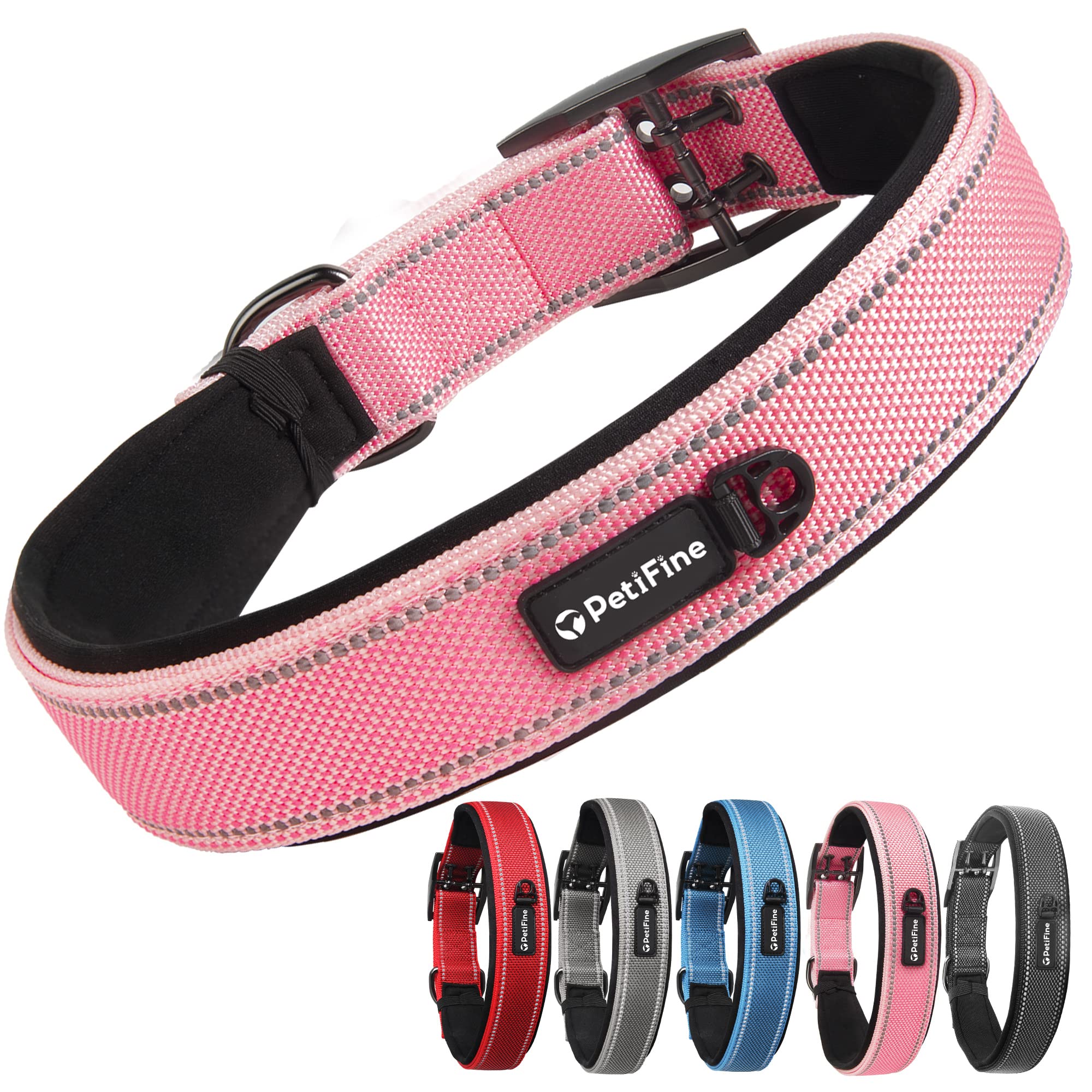 PetiFine Neoprene Padded Dog Collar, Heavy Duty Comfort Dog Collar with Durable Metal Buckle, Reflective Adjustable Belt Buckle 