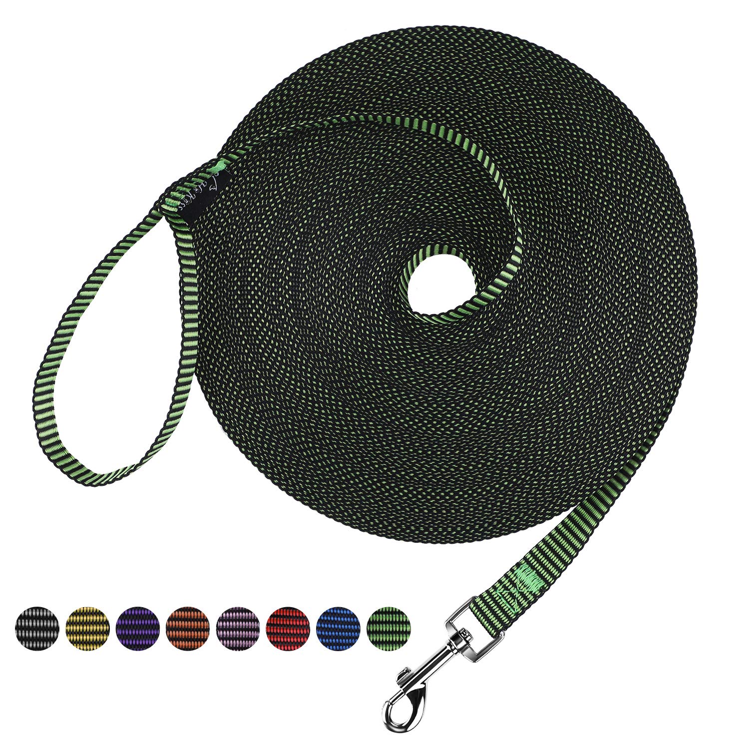 Hi Kiss Dog/Puppy Obedience Recall Training Agility Lead - 15Ft 20Ft 30Ft 50Ft 100Ft Training Leash - Great For Training, Play, Camping, Or Backyard(100Ft,Black_Green)