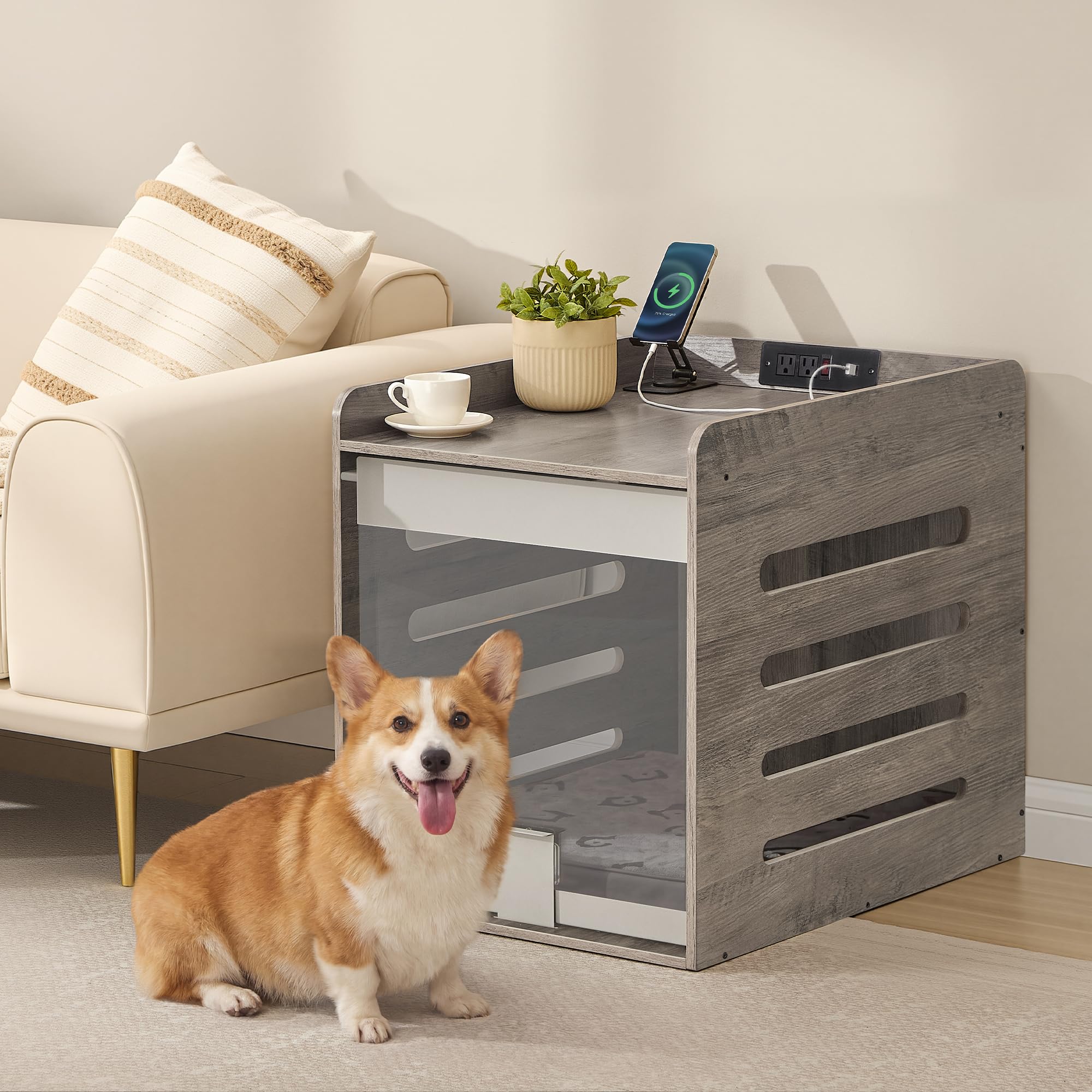 Feandrea Modern Dog Crate Furniture with Charging Station, Small Kennel Indoor with Flip-up Hidden Acrylic Door, for Small and M
