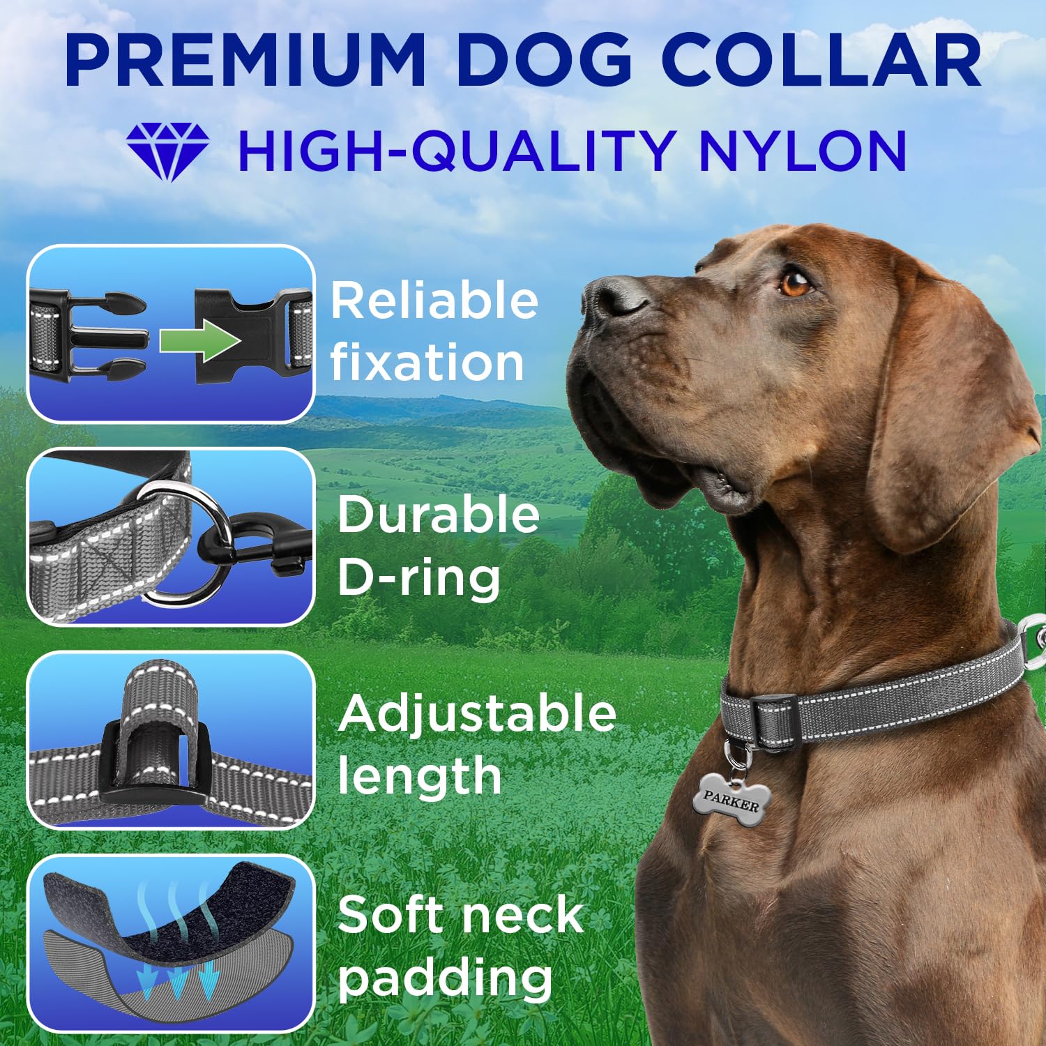 Teceum Reflective Pet Collar - Gray - M - Extra Soft Padding - Basic Nylon Dog Collar - Quick Release Buckle - Fits Small, Mediu
