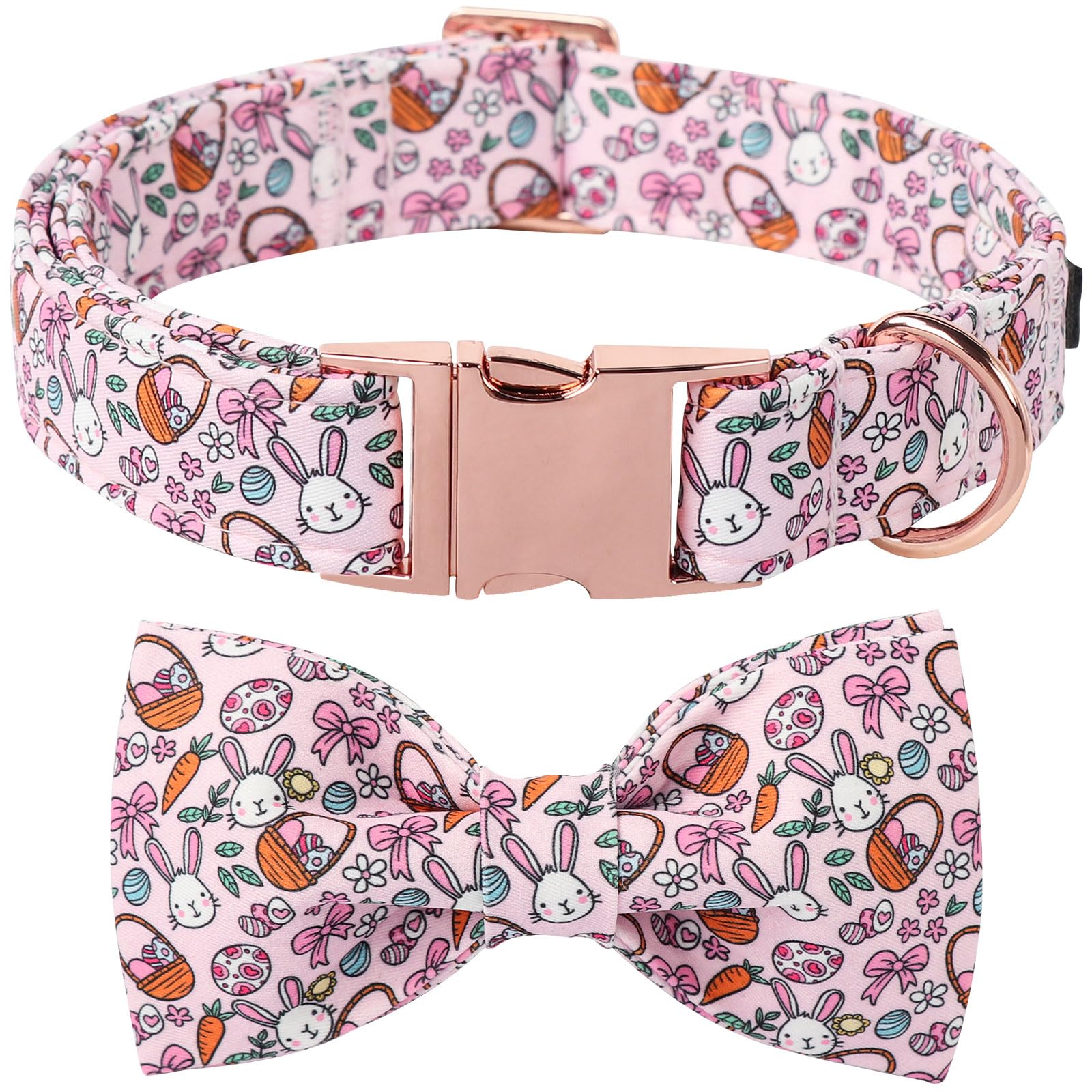 Lionet Paws Easter Dog Collar, Pink Rabbit Dog Collar For Large Dogs With Bowtie, Adjustable Cotton Eggs Bowtie Pet Collars For 