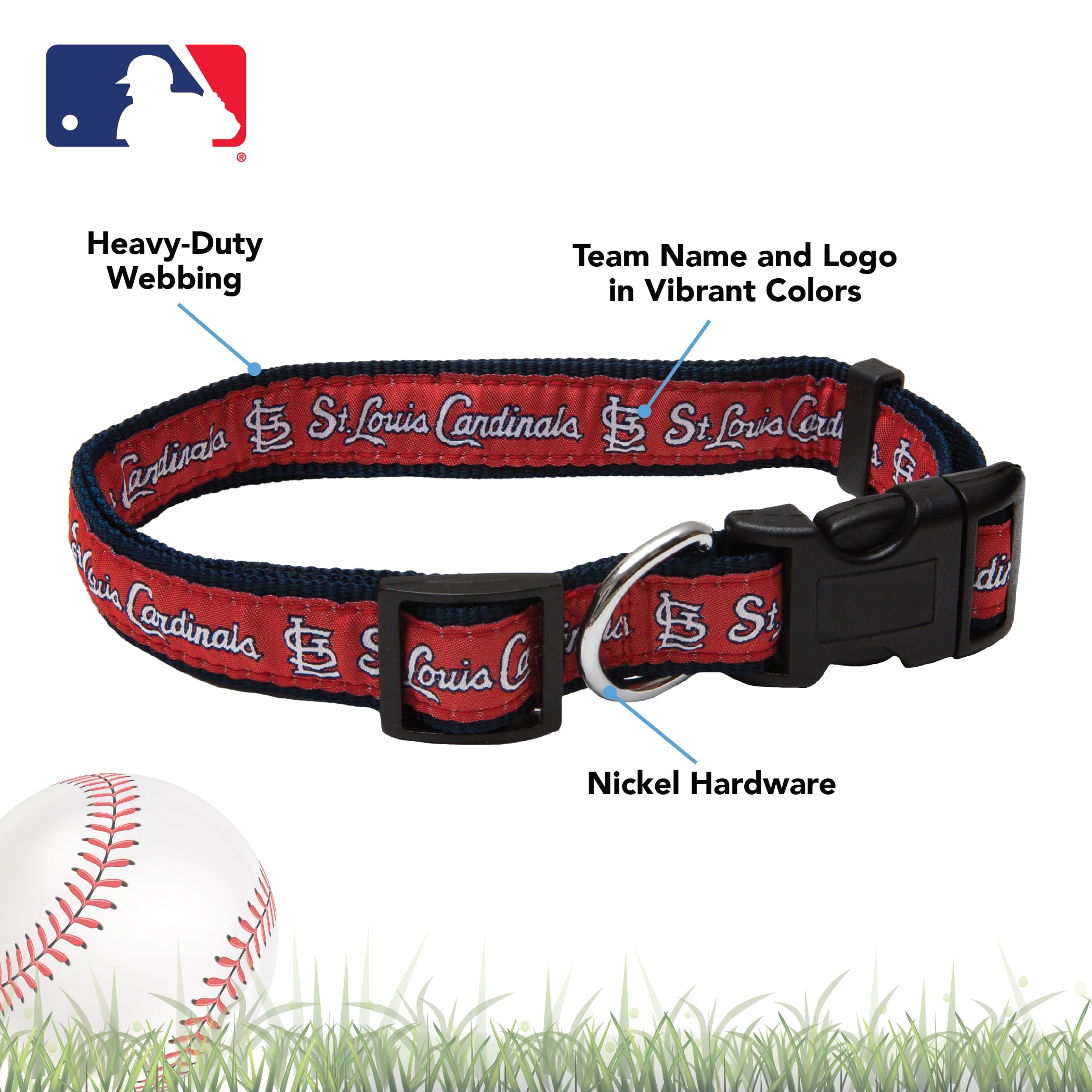 MLB St. Louis Cardinals Licensed PET COLLAR- Heavy-Duty, Strong, and Durable Dog Collar. Available in 29 Baseball Teams and 4 Si