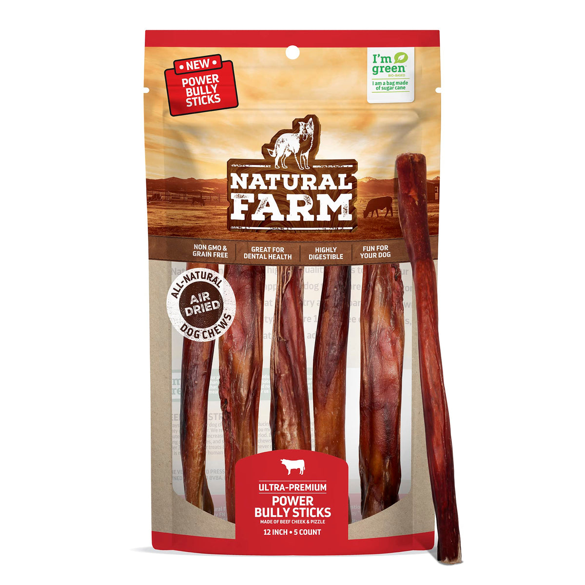 Natural Farm Power Bully Sticks (12 Inch, 5 Pack), Digestible 100% Natural Beef Cheek And Beef Pizzle Chews From Grass-Fed Cows, Non-Gmo, Grain-Free, Long-Lasting Chews For Small, Medium & Large Dogs