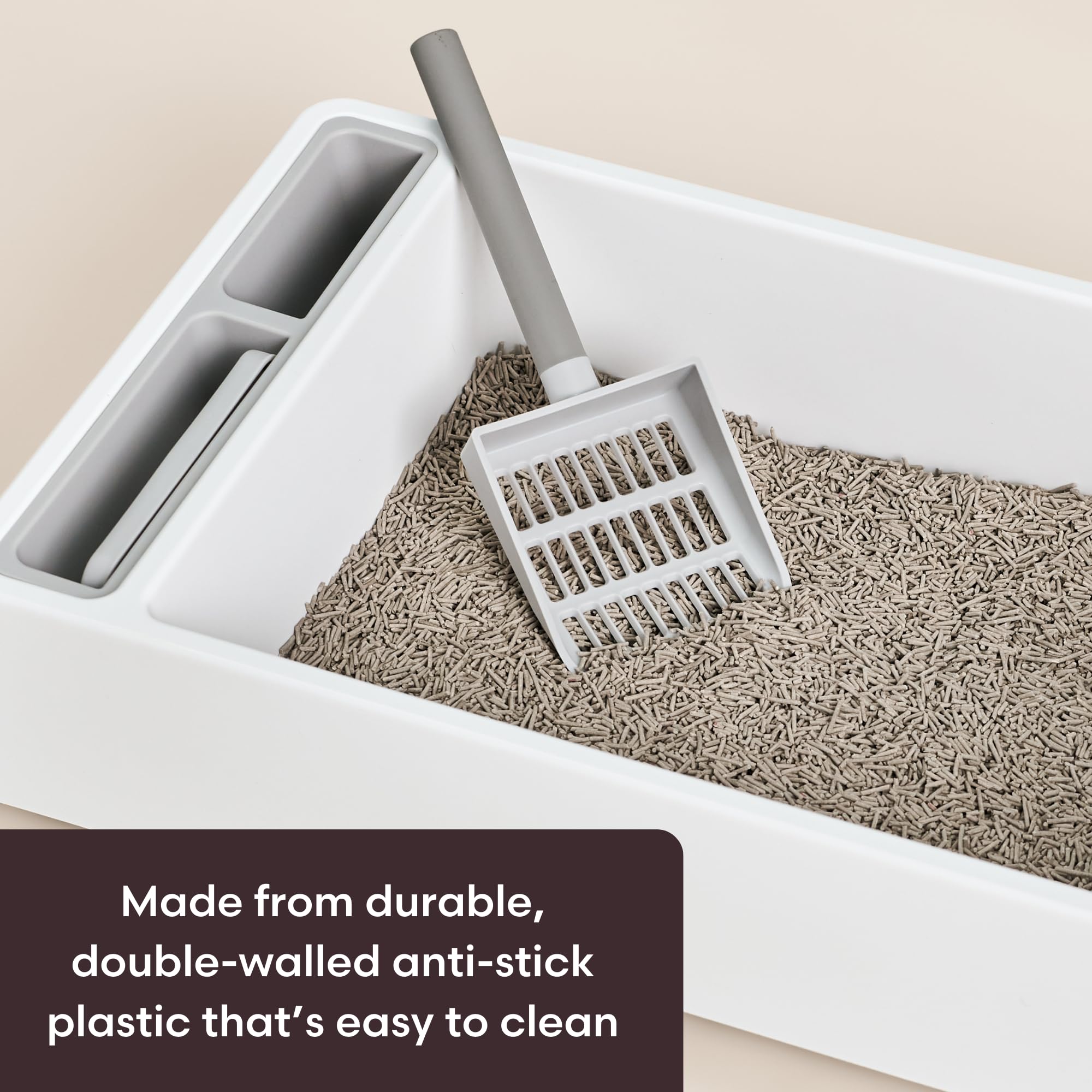 Tuft + Paw Cove Litter Box, High Sided Open Top Designer Litter Box For Large Cats, Built-In Scoop, Brush & Dustpan, Anti-Stick