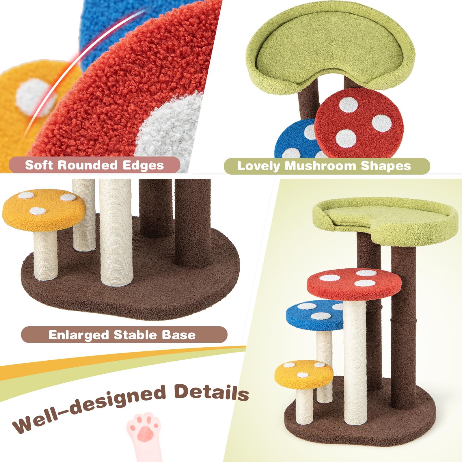 Petsite Mushroom Cat Tree, 37 Inches Tall Multi-Level Cat Tower With Natural Sisal Scratching Posts, Cozy Top Perch & Removable