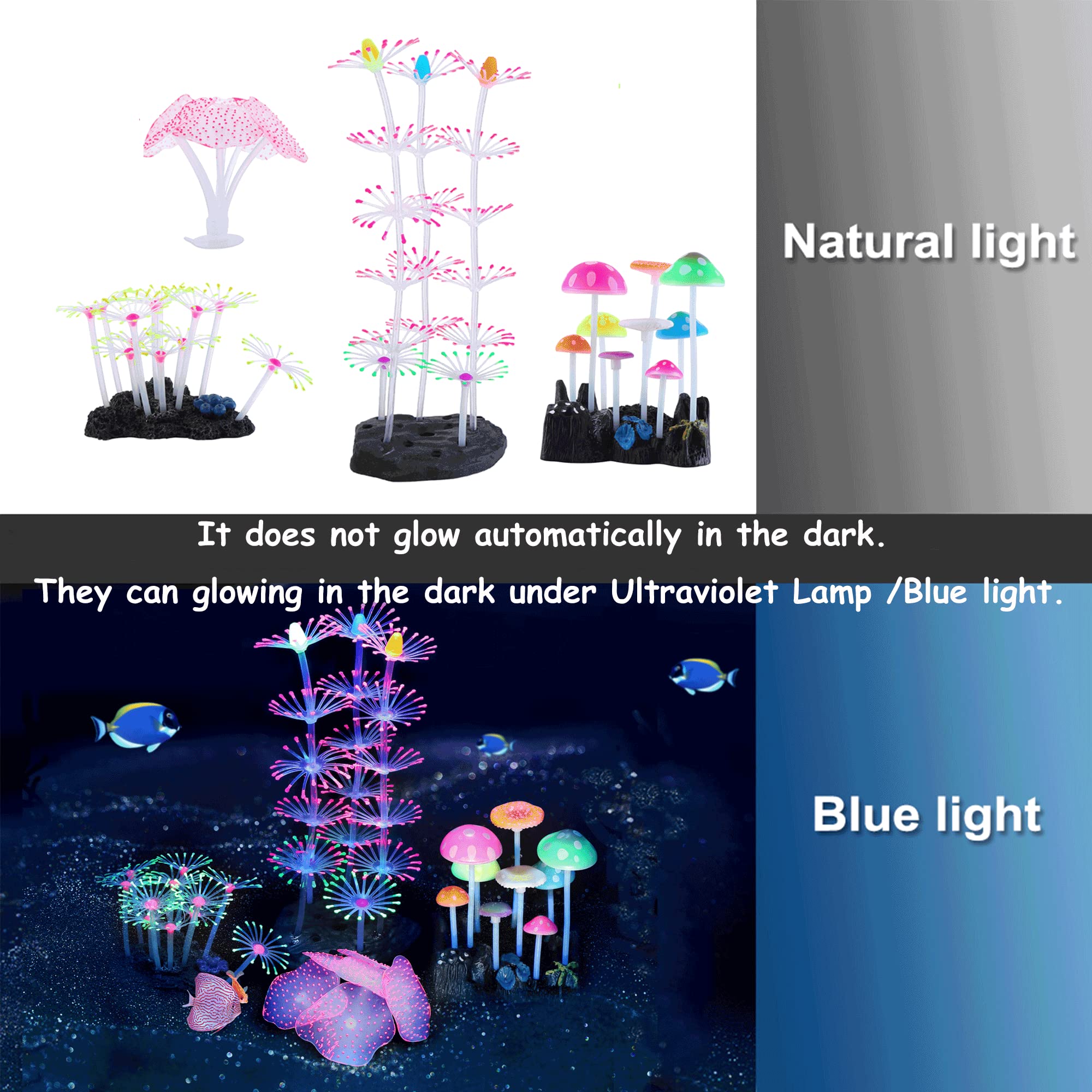 Lpraer Glow Aquarium Decorations - 4 Pack Silicone Coral Reef & Anemone, IIUS00153, Glowing Effect for Fish Tank