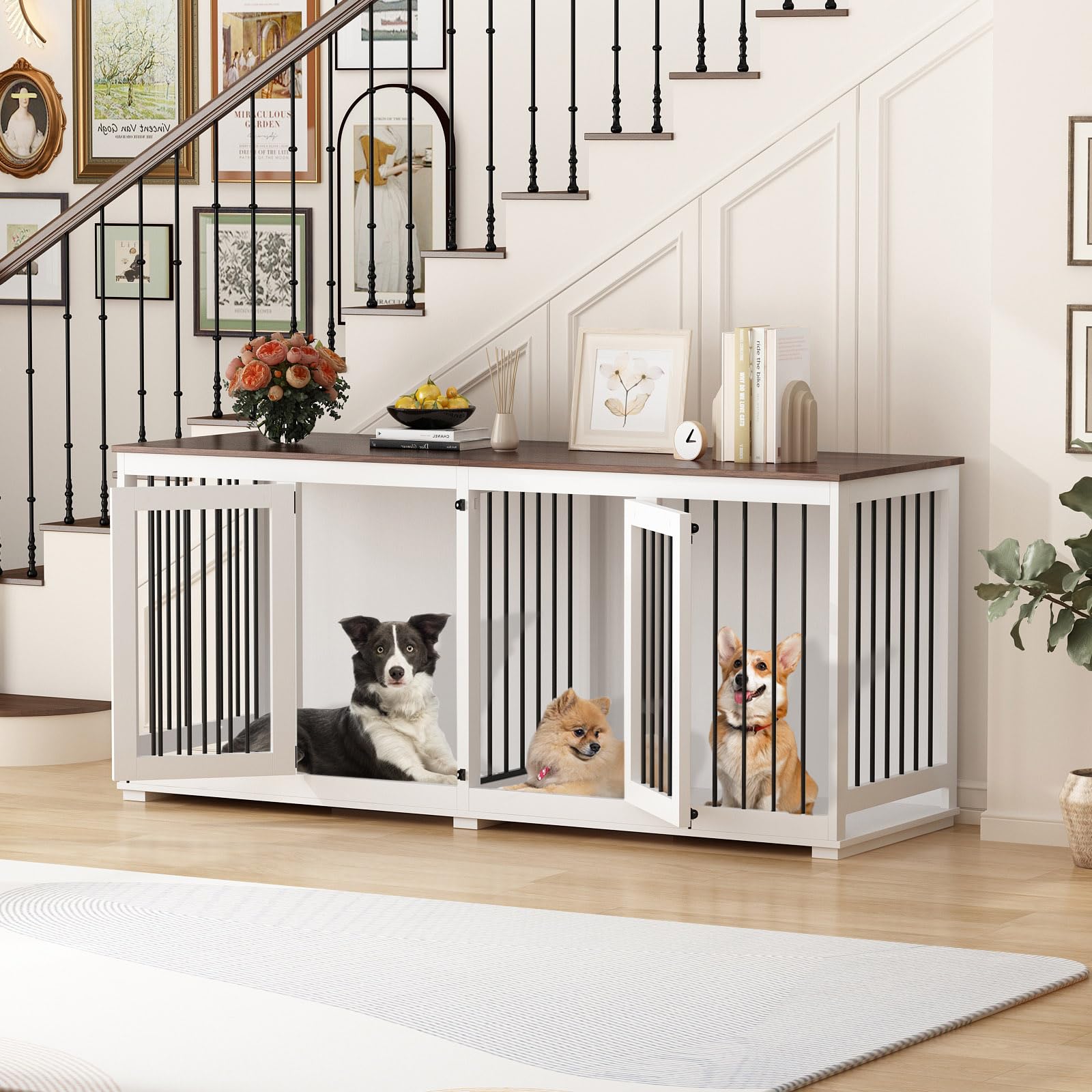 DAWNSPACES Double Dog Crates Furniture for Large Dogs, 71  Heavy Duty Wooden Large Dog Kennel with Removable Divider for 2 Dogs,
