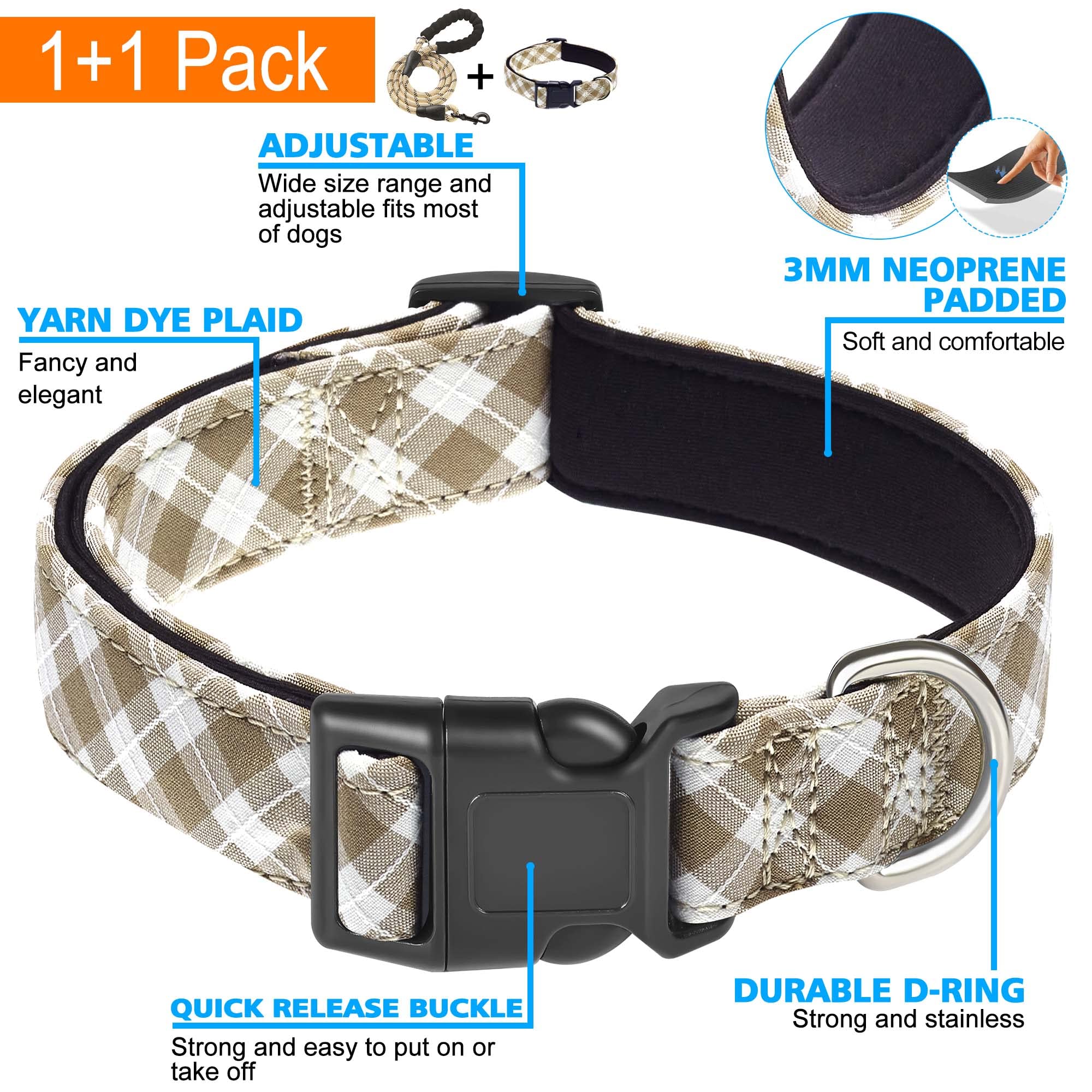 Ladoogo Reflective Dog Collar Padded With Soft Neoprene Breathable Adjustable Nylon Dog Collars For Small Medium Large Dogs (Large (Pack Of 1), Vanilla Plaid Collar+Leash)
