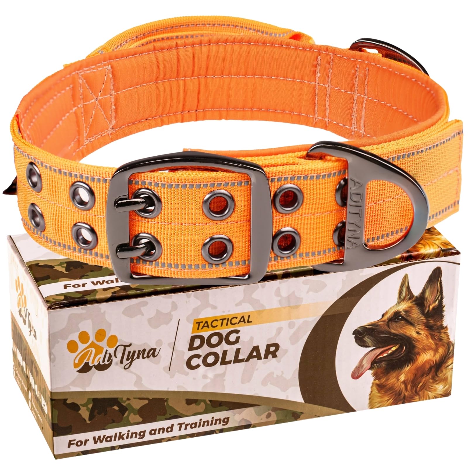 Adityna Heavy Duty Dog Collar For Medium Dogs - Reflective Orange Collar With Handle For Training, And Walking - Wide, Thick, Ta