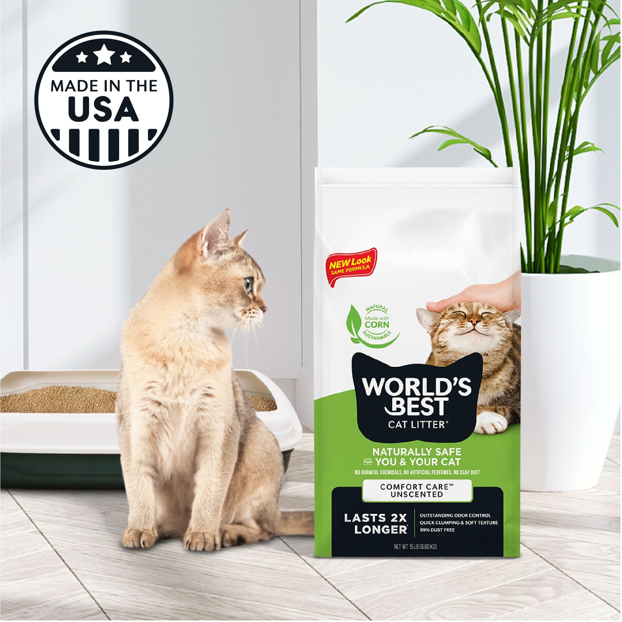 World'S Best Cat Litter Comfort Care Unscented 15-Pounds - Natural Ingredients, Quick Clumping, Flushable, 99% Dust Free & Made In Usa - Long-Lasting Odor Control & Easy Scooping