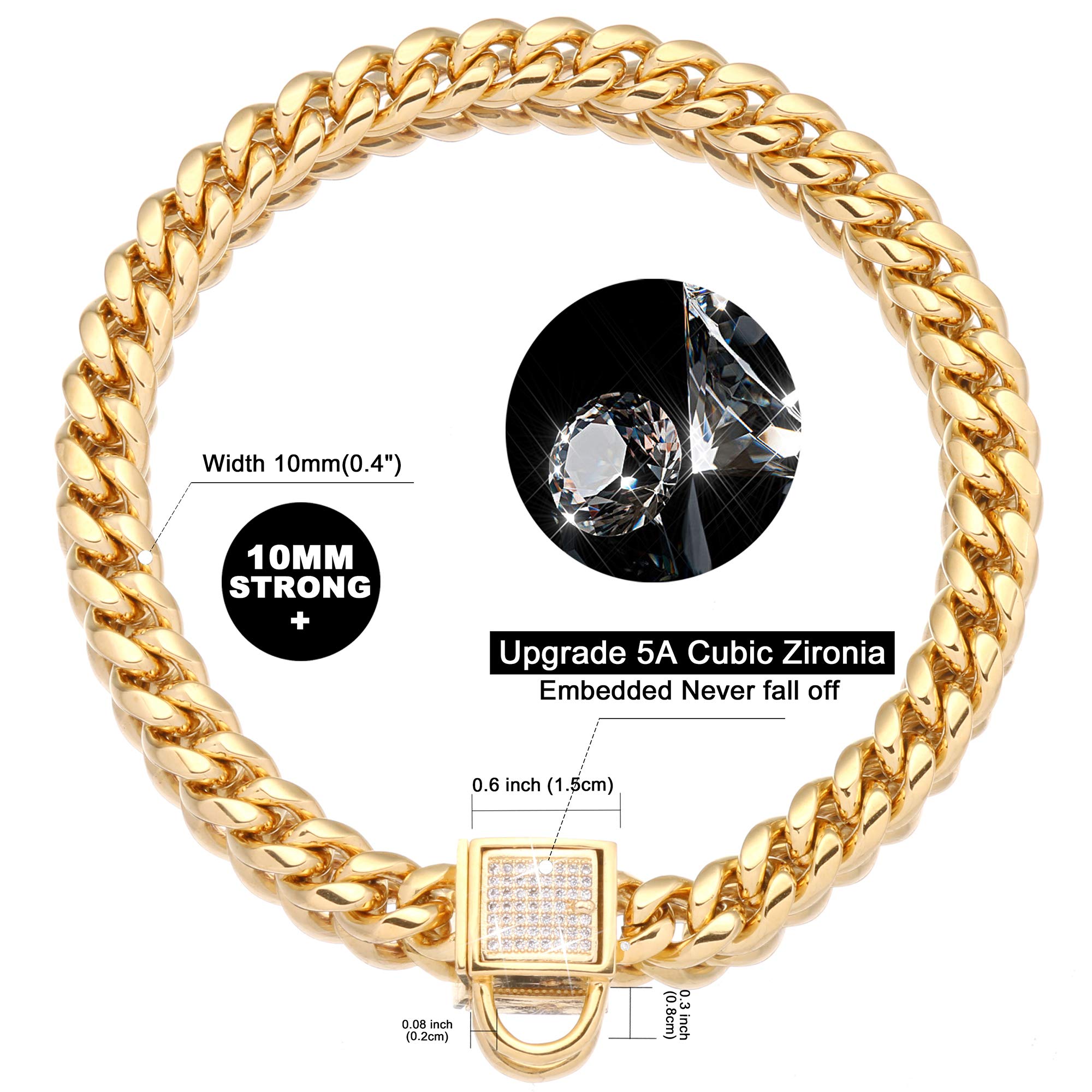 Pradog Gold Chain Dog Collar With Zirconia Buckle Stainless Steel Chains Collars Cuban Link Dog Collar Designer Bling Puppy Neck