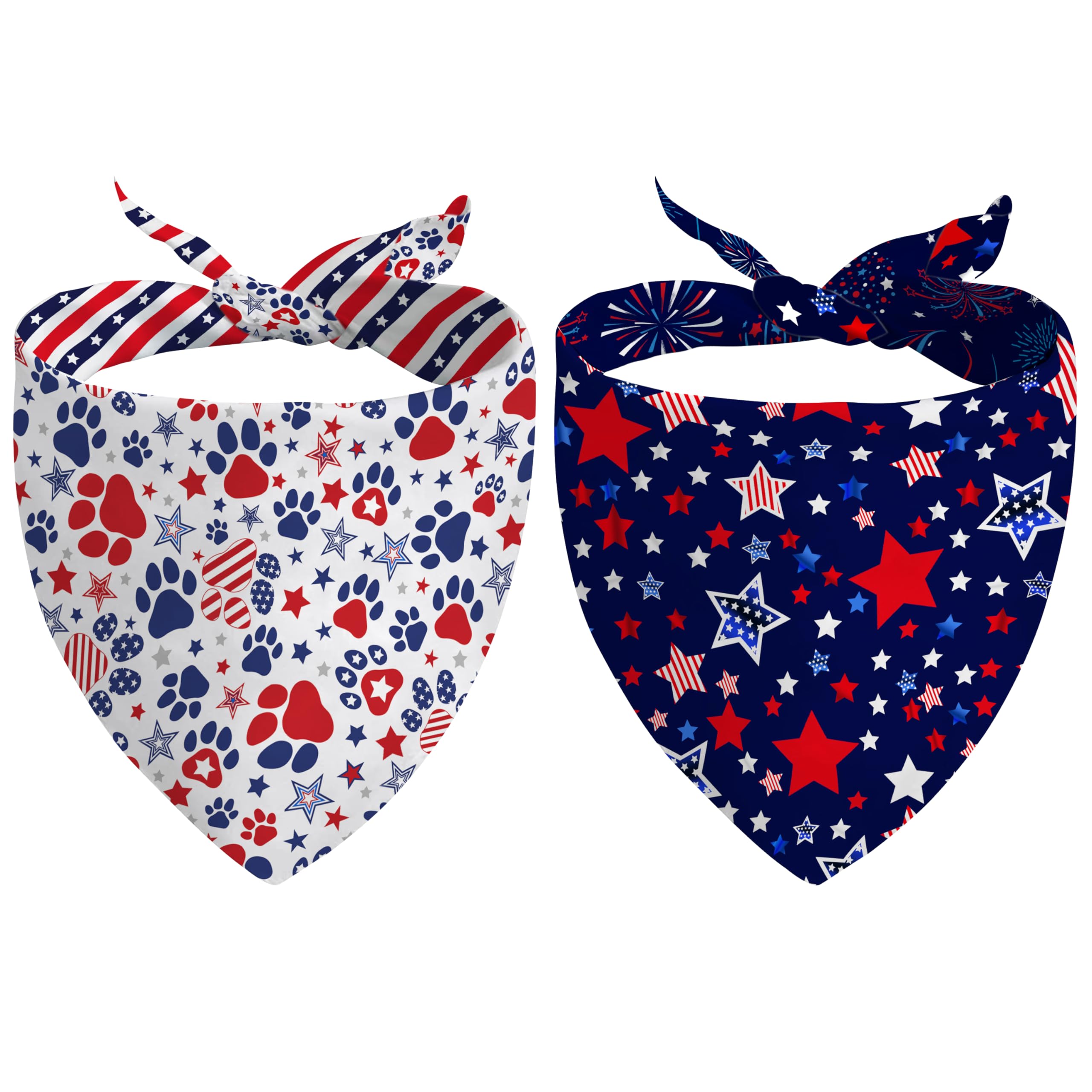 4Th Of July Dog Bandana Reversible 2 Pack Large, Red White And Blue Patriotic Pet Bandanas Set Adjustable Triangle Holiday Scarv