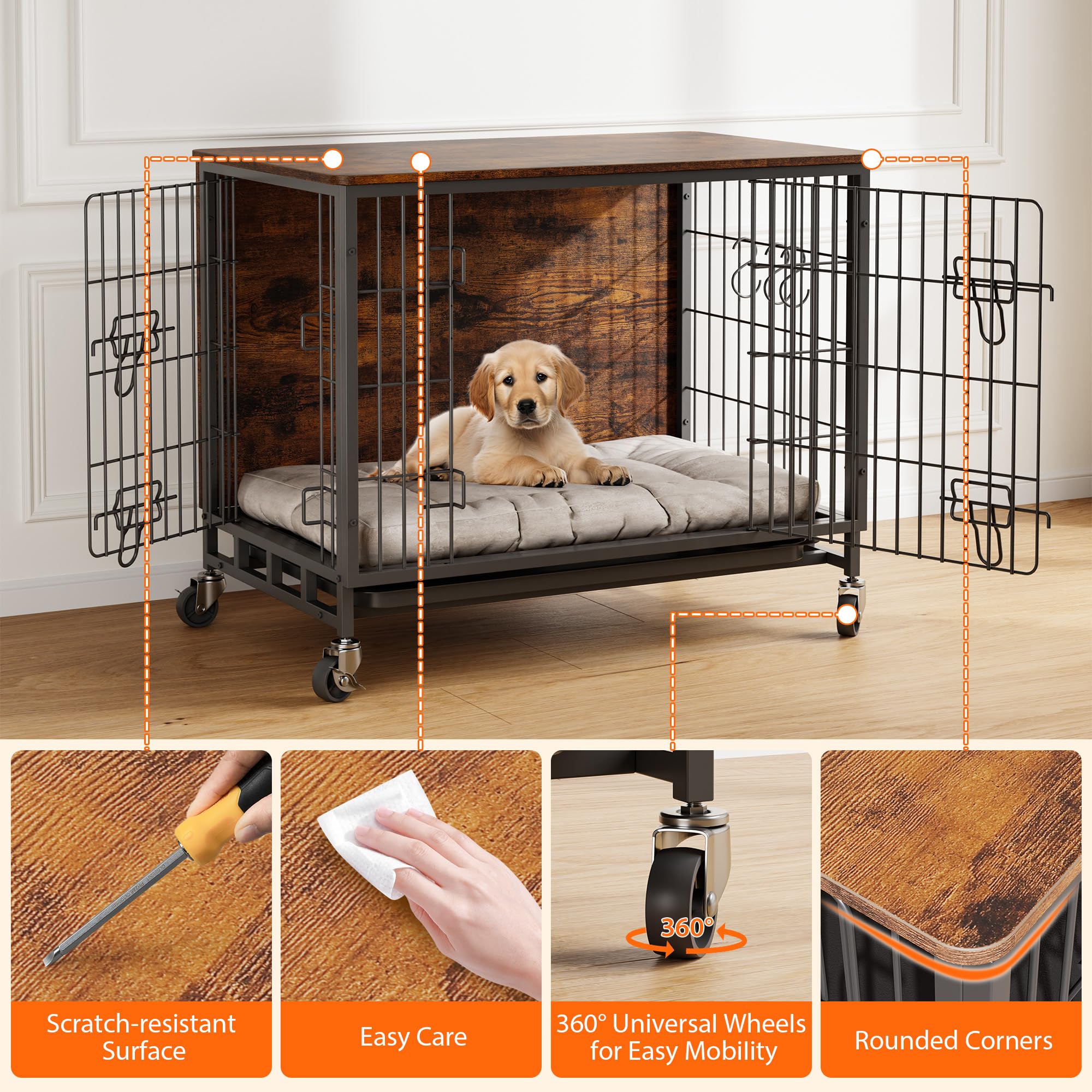 Large Dog Crate Furniture, Wooden Dog Kennel Indoor, Heavy Duty Metal Dog Cage End Table, Double-Layer Furniture-Style Dog Bed,