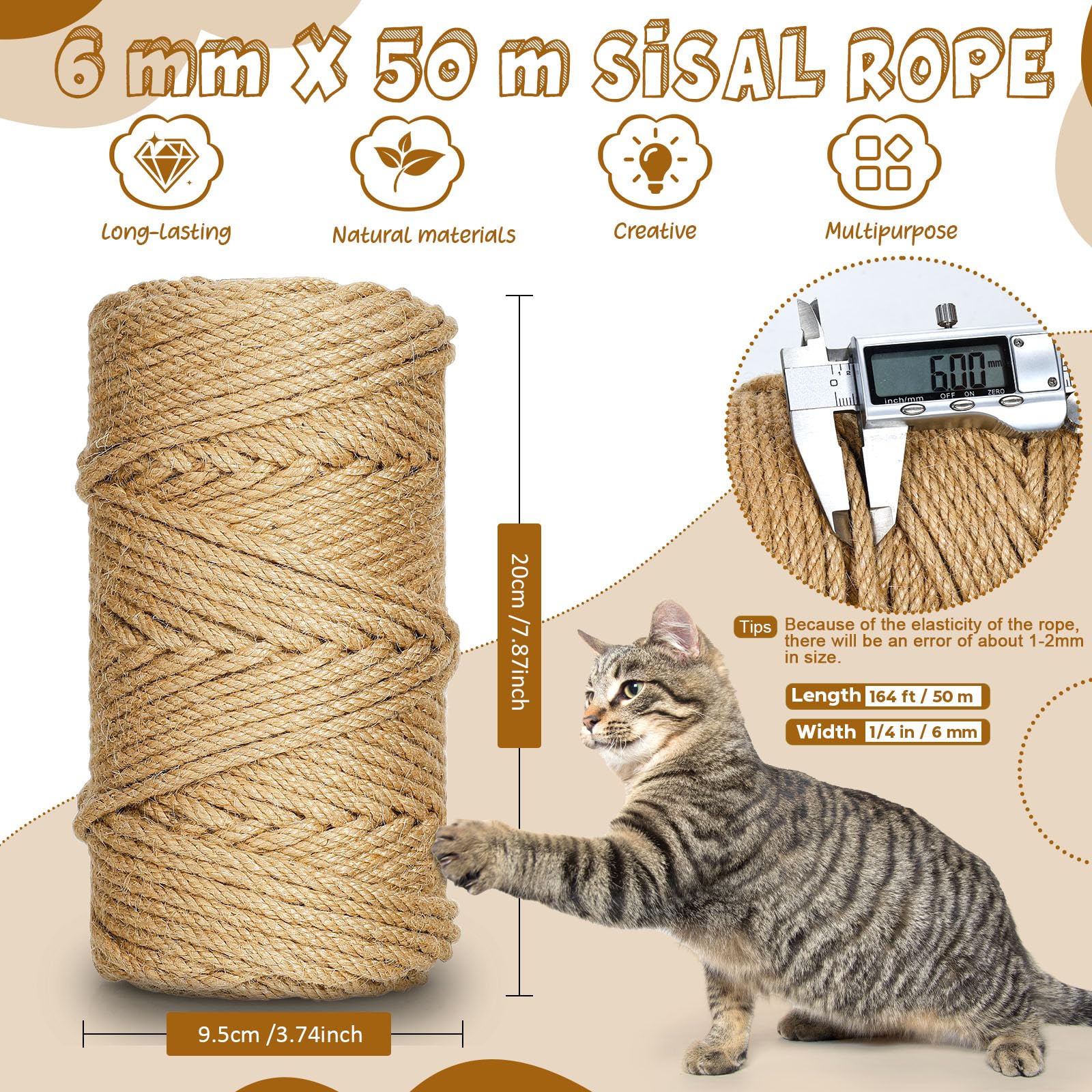 164 Ft/50 M Sisal Rope For Cat Scratcher, 1/4 Inch/ 6 Mm Thick Twine For Cat Scratching Post Cat Tree Replacements Diy Craft Pro