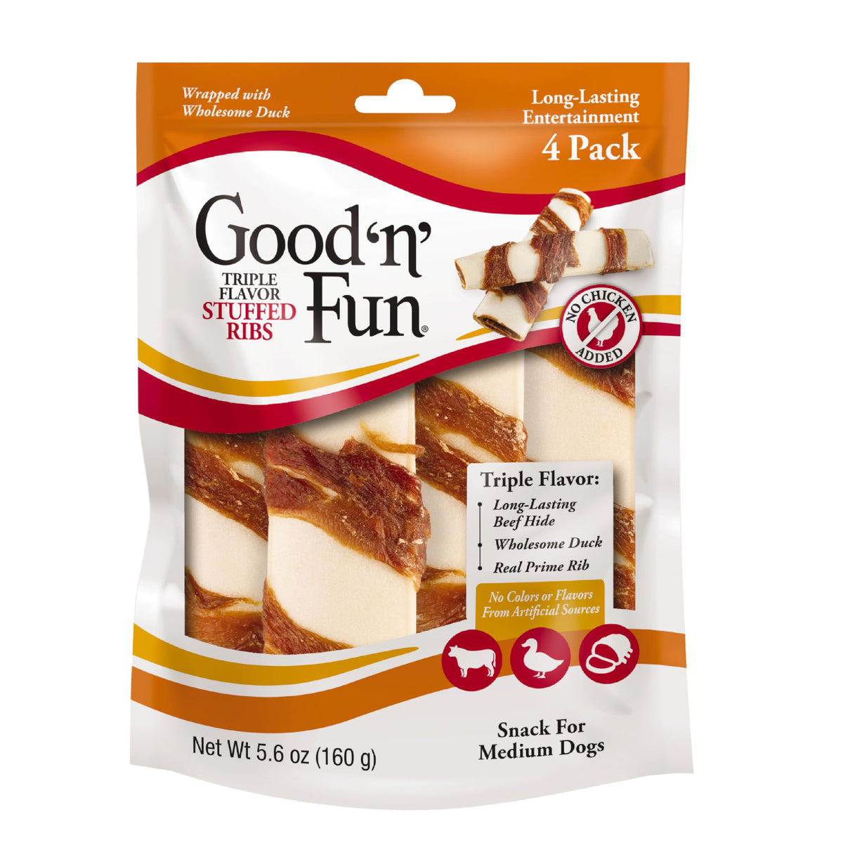 Good 'N' Fun Triple Flavor Stuffed Ribs For Medium Dogs, Treat Your Dog To No Chicken Added Rawhide Chews Made With Beef Hide, D
