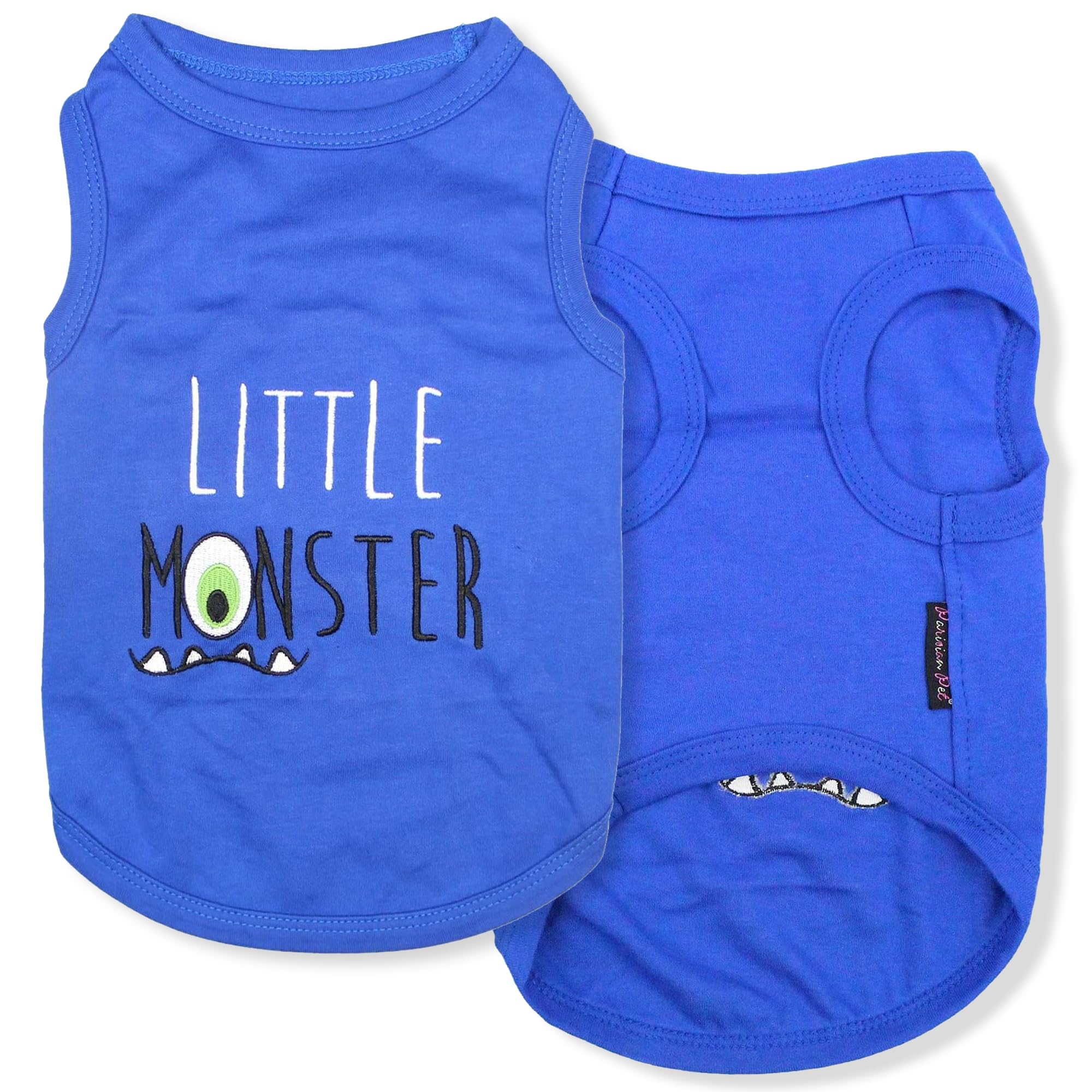 Parisian Pet Dog Tshirt - Embroidered “ Little Monster “ Boy Dog Shirt - Pure Cotton And Lightweight Dog Clothes - Sleeveless Blue Dog Tee Shirts - Machine Washable Dog Shirts For Medium Dogs - M