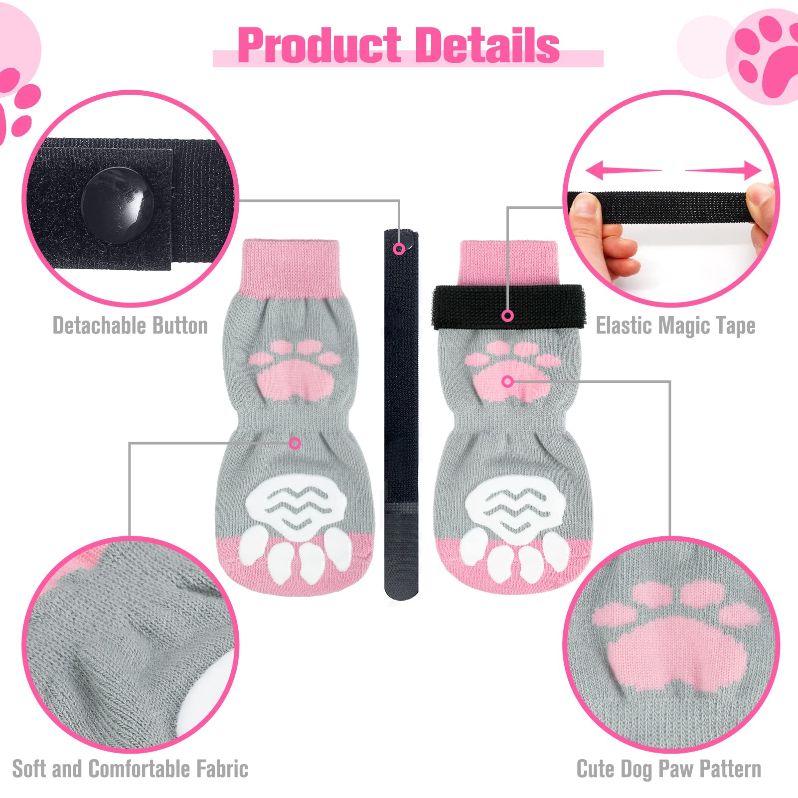 Scirokko 3 Pairs Anti-Slip Dog Socks - Adjustable Pet Non-Slip Paw Protection With Pink Paw Pattern For Puppy Doggy Indoor Traction Control Wear On Floor