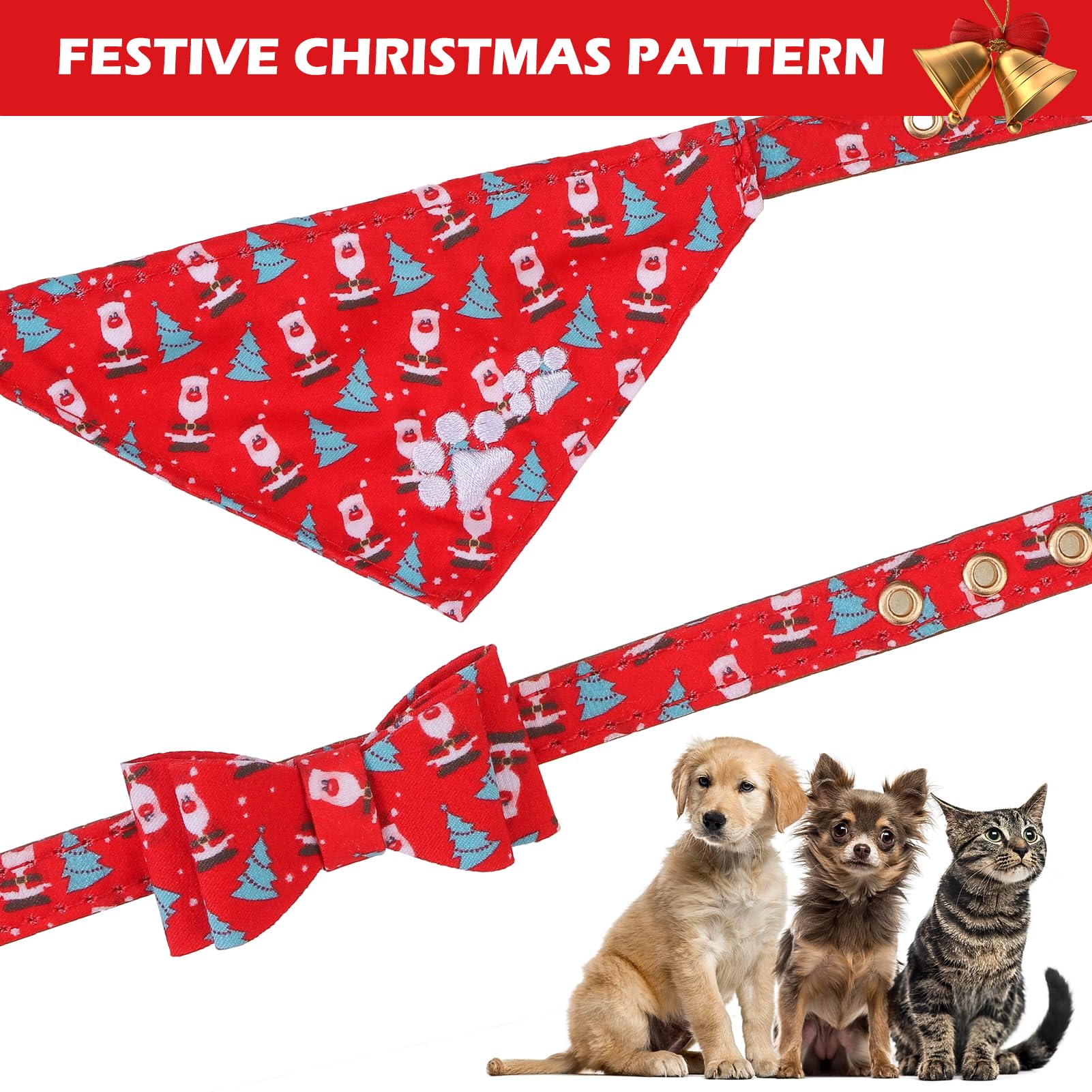 Expawlorer Christmas Collar And Leash Set - Embroidery Pawprints With Bow Tie, Bandana, Bell For Dogs Cats Outdoor Walking, Red