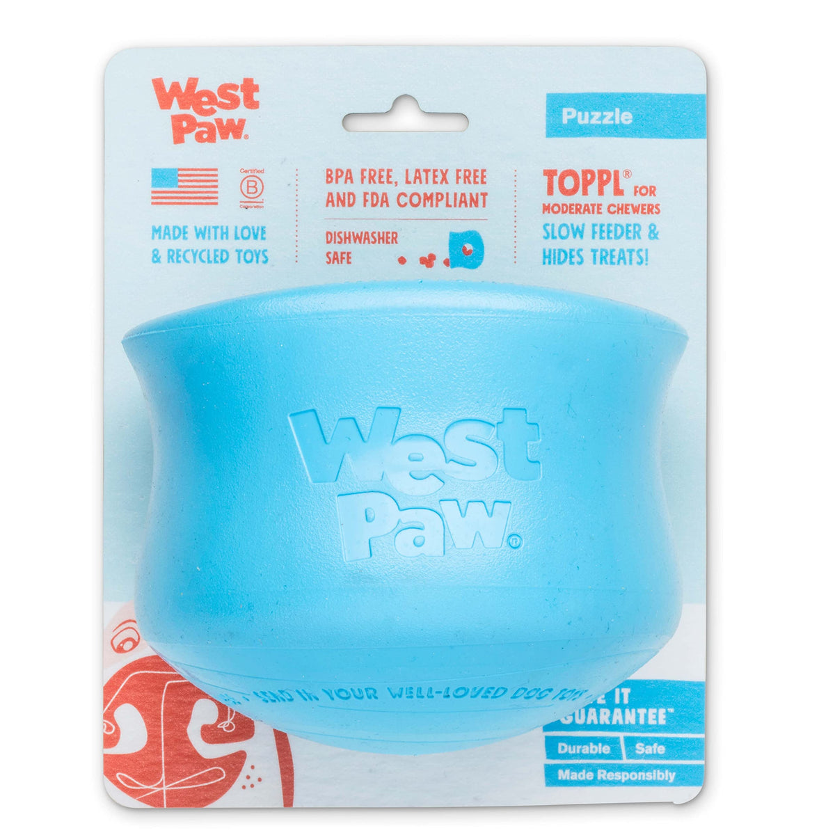 West Paw Zogoflex Toppl Treat Dispensing Dog Toy Puzzle - Interactive Chew Toys For Dogs - Dog Toy For Moderate Chewers, Fetch, Catch - Holds Kibble, Treats, X-Large, Aqua Blue