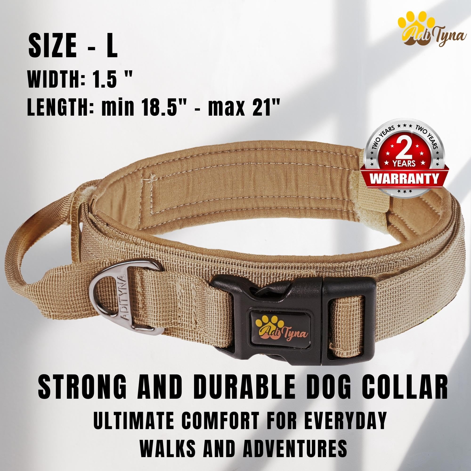 Adityna - Tactical Dog Collar For Large Dogs - Soft Padded, Heavy Duty, Adjustable Dog Collar With Handle For Training And Walki