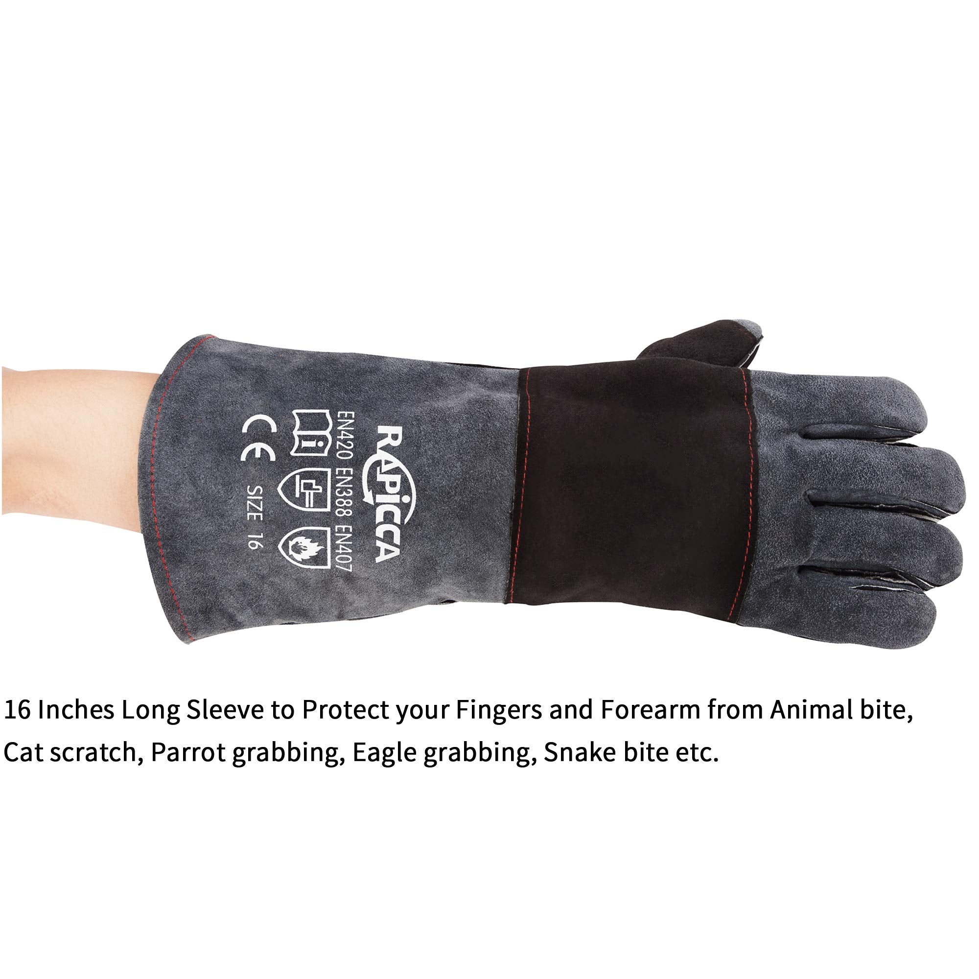 RAPICCA Animal Handling Gloves Bite Proof Double Leather Reinforced Padding Dog,Cat Scratch,Bird Handling Falconry Gloves Grabbi
