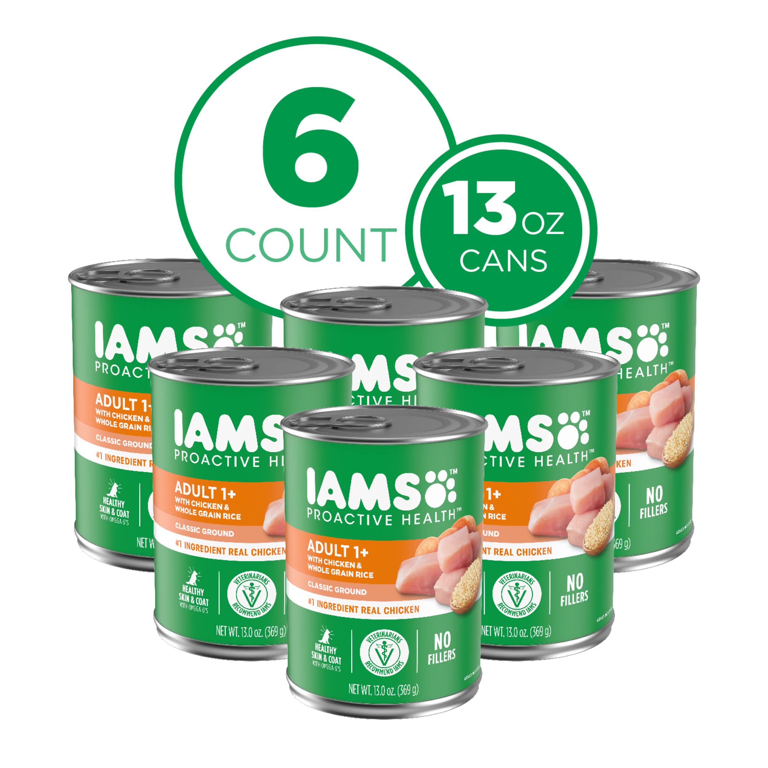 IAMS Proactive Health Adult Wet Dog Food Classic Ground with Chicken and Rice, 13 oz. Cans, Pack of 6