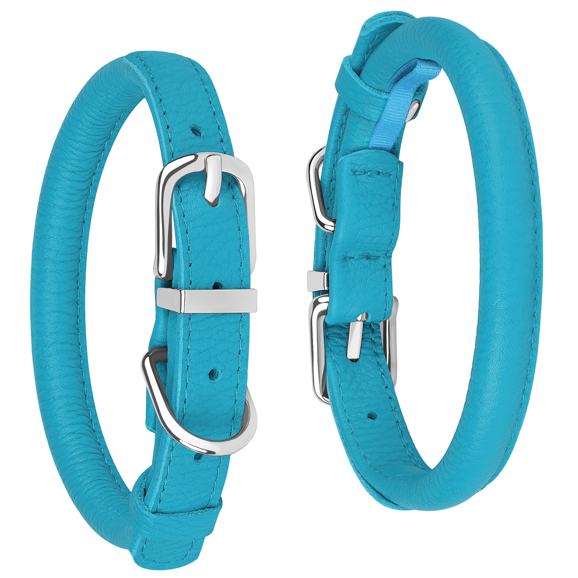 Oopsdoggy Rolled Leather Dog Collar Soft Roll Collars For Small Medium Large Dogs Puppy (Blue, M, 12-15)