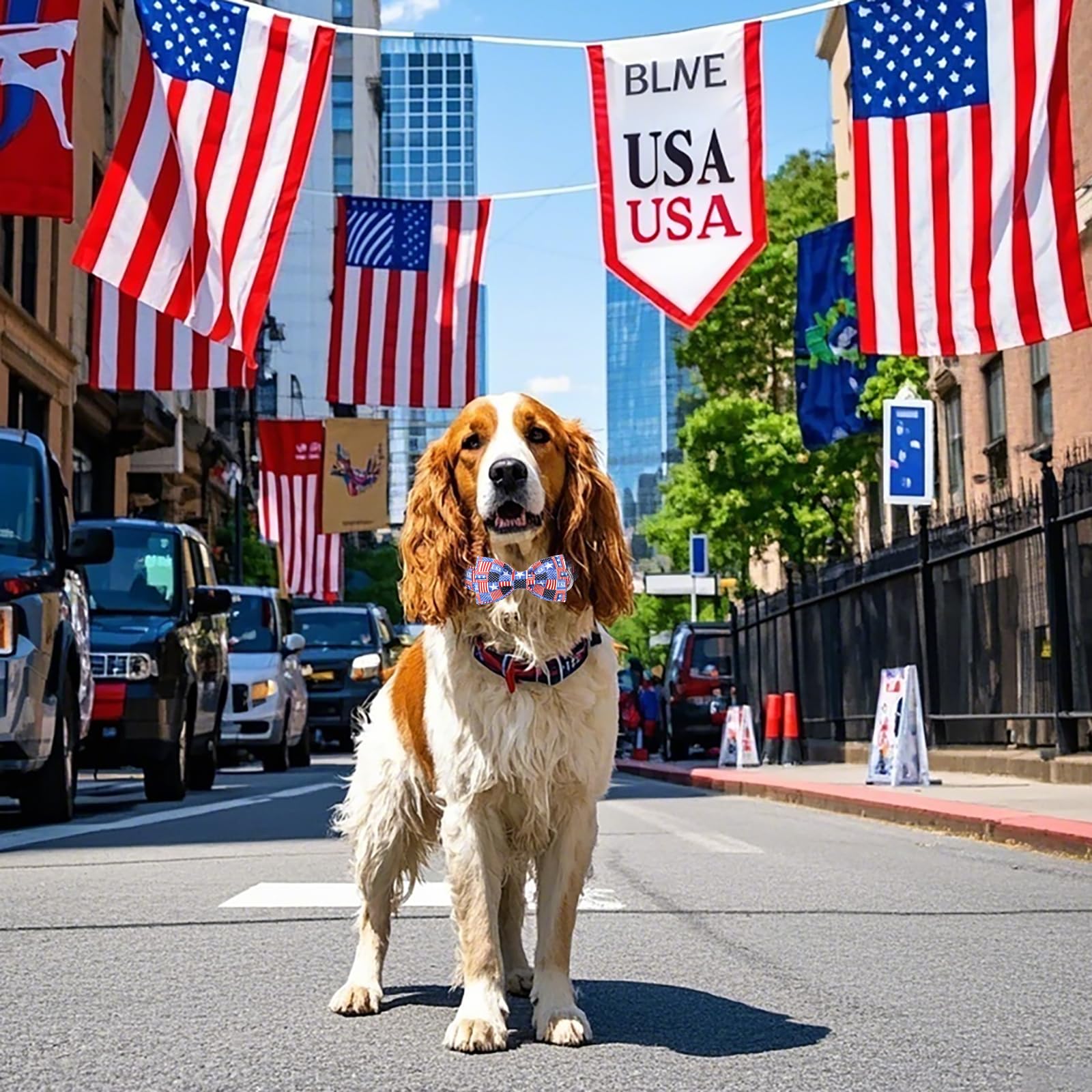 Lionet Paws 4Th Of July Dog Collar With Bowtie, Cute Summer Dog Collar For Girl For Medium Dogs, Adjustable Cotton Usa Flag Pet