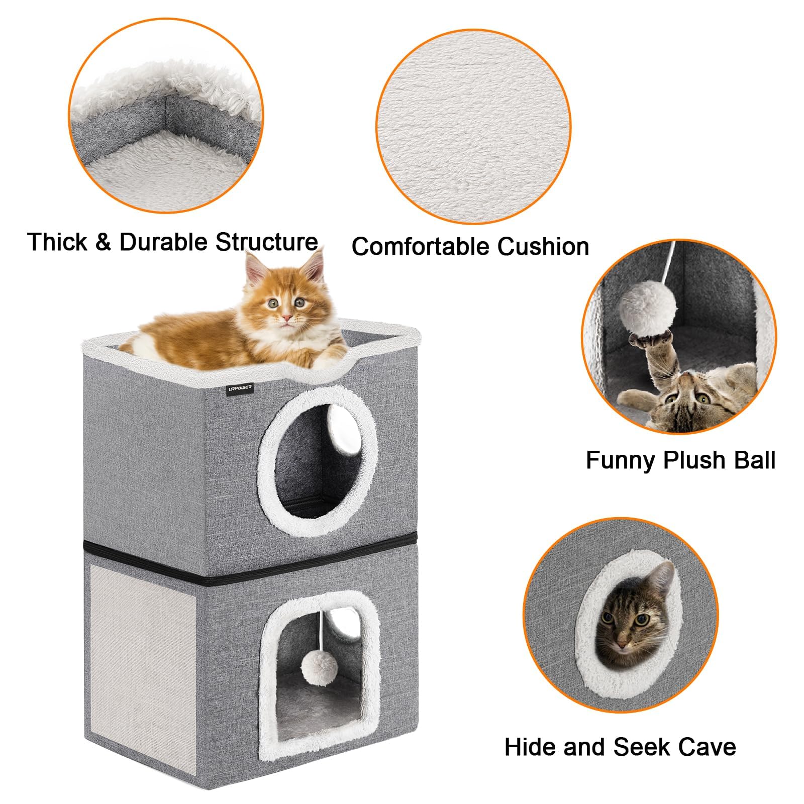 Urpower 2 Story Cat Bed, Large Cat House For Indoor Cats Covered Cat Cave With Hideaway, Scratch Pad And Fluffy Ball, Foldable C