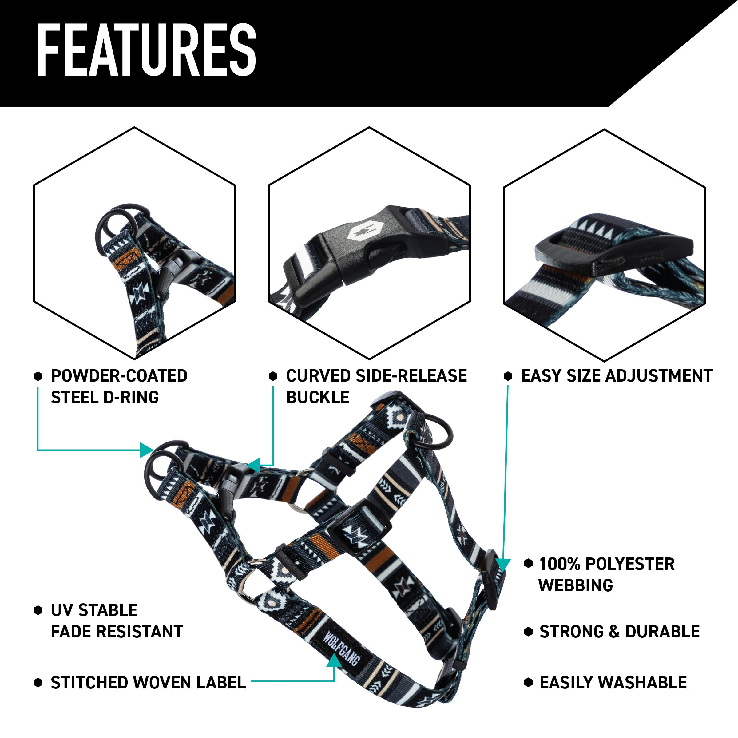 Wolfgang Heavy Duty Adjustable Dog Harness, Pull-Tested to Over 800 lbs for Walking & Training, NewMoon Print, Small