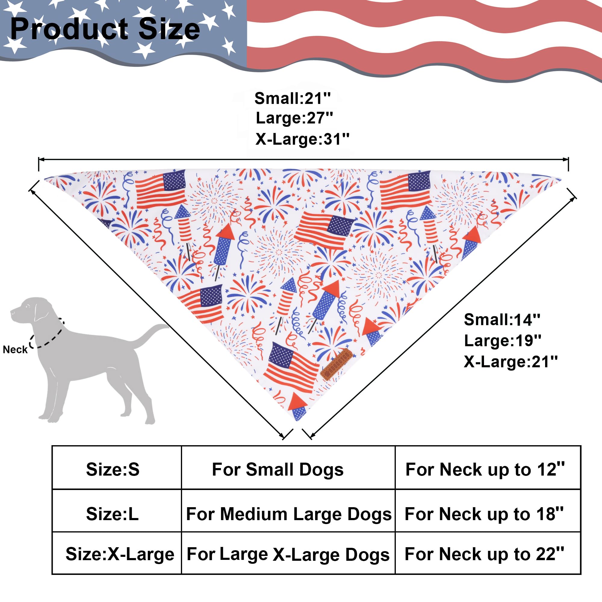 ADOGGYGO American Flag Dog Bandana, White Blue 4th of July Flag Pet Scarf, Premium Durable Fabric, Adjustable Fit 4th of July Ba
