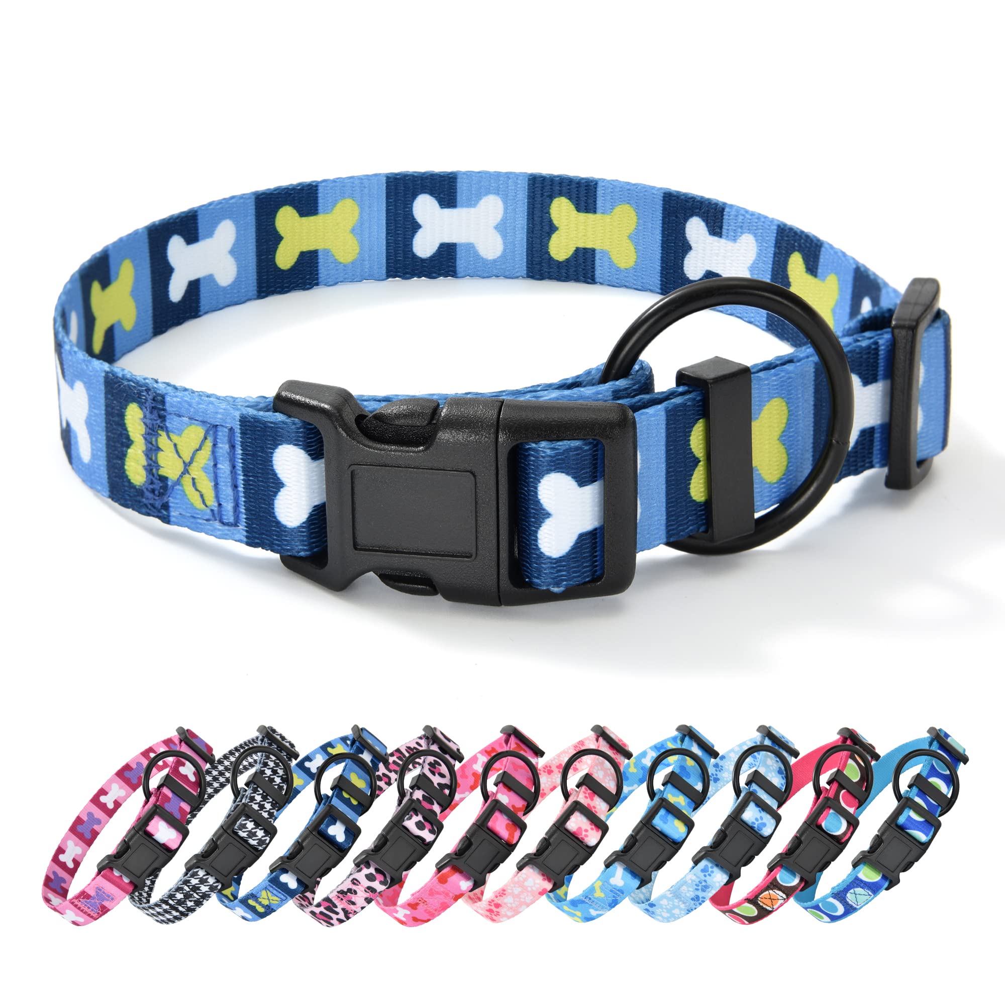 Mile High Life Dog Collar | Nylon Puppy Collars W Cute Patterns | Lightweight Girl Dog Collar | Boy Dog Collar For Small/Medium/Large Dogs (Blue Bone, Large)