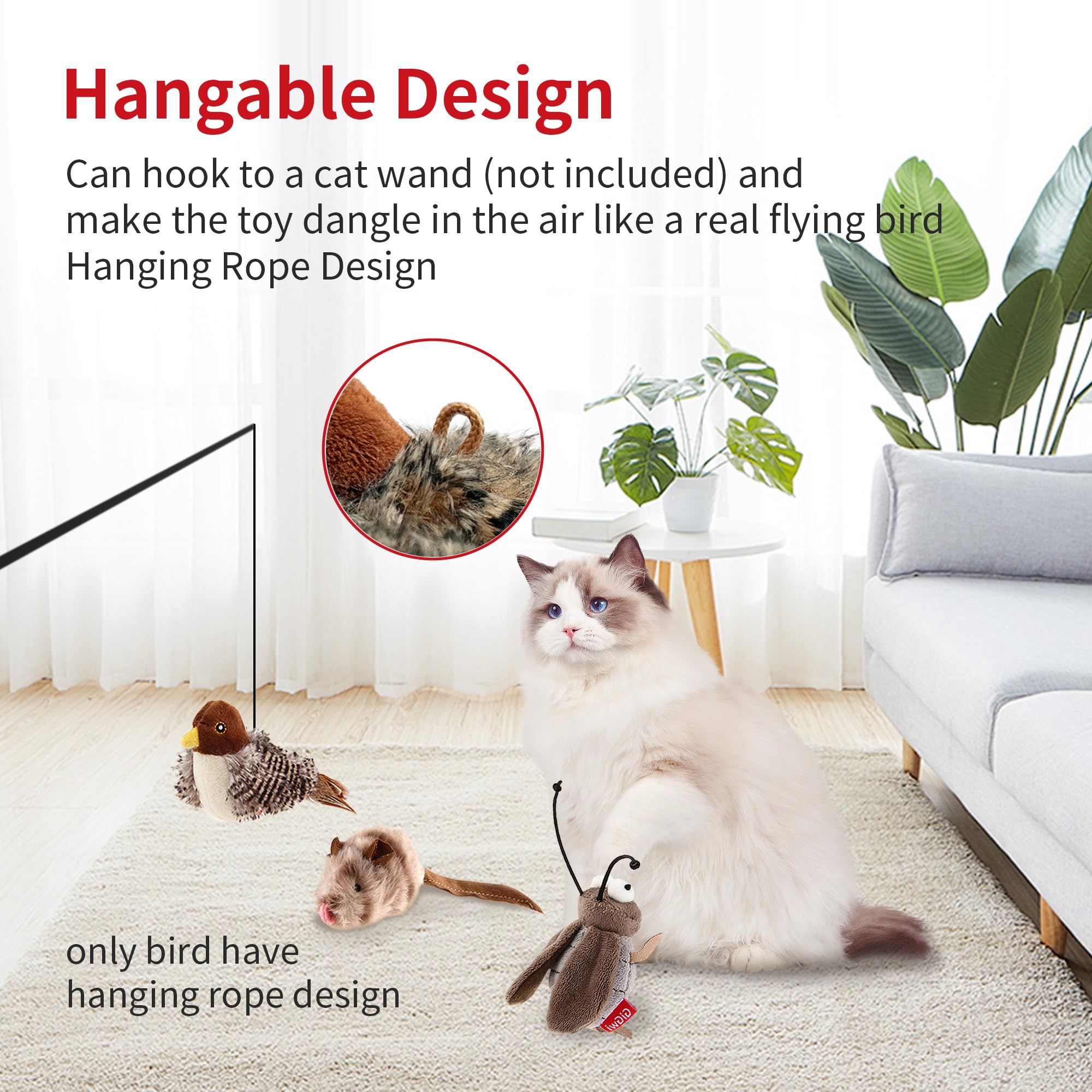 Petgeek Gigwi Simulated Chirping Bird Cat Toy, Fake Interactive Cat Toys For Indoor Cats, Feather Toy With Hanging Loop For Bore