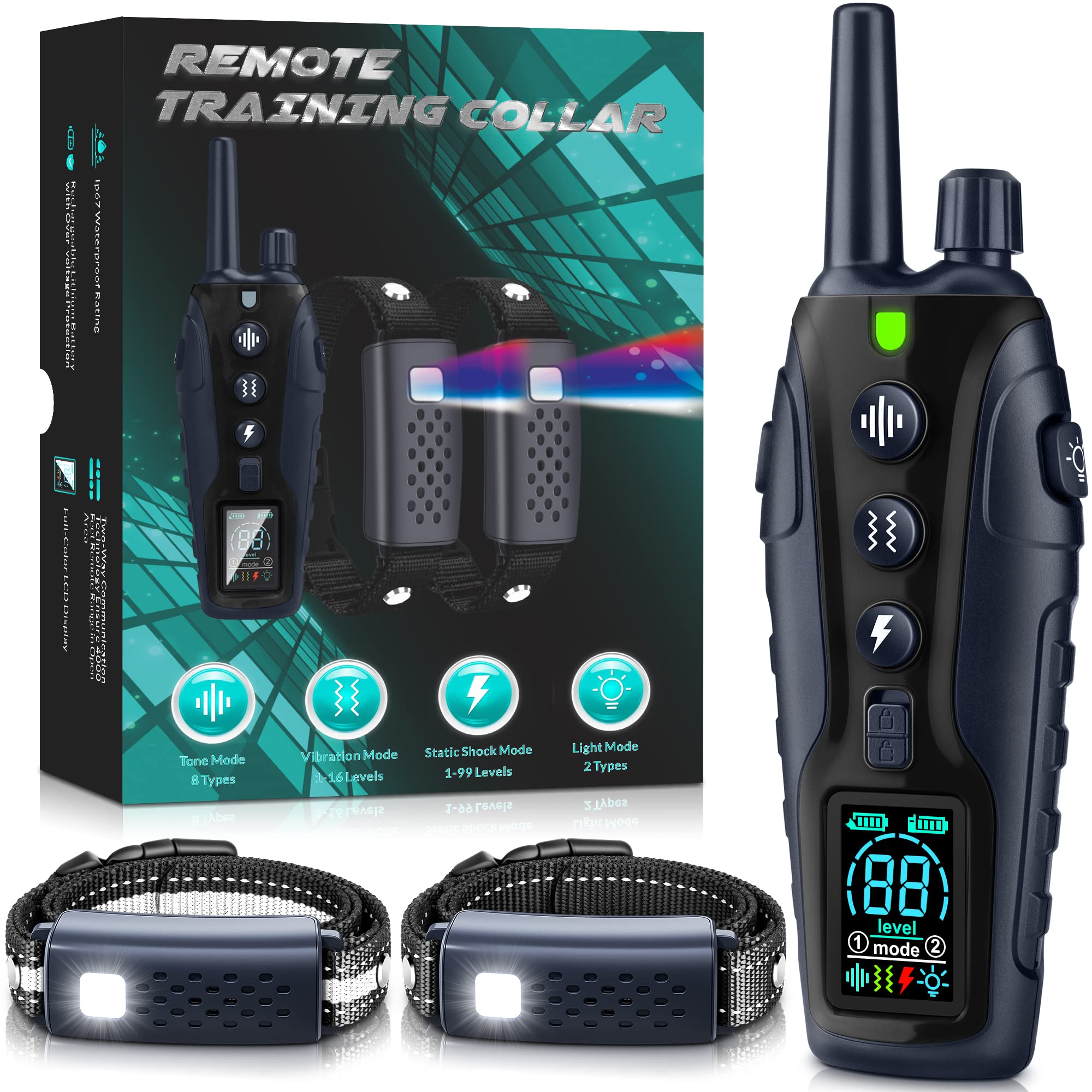 Dog Shock Collar 2 Dogs(15-150Lbs) With Flashing Light For Night Walks,4000Ft Dog Training Collar Adjustable Pitch Beep(1-8), Vibration(1-16), Safe Shock(1-99), And Keypad Lock, Shock Collar For Dogs