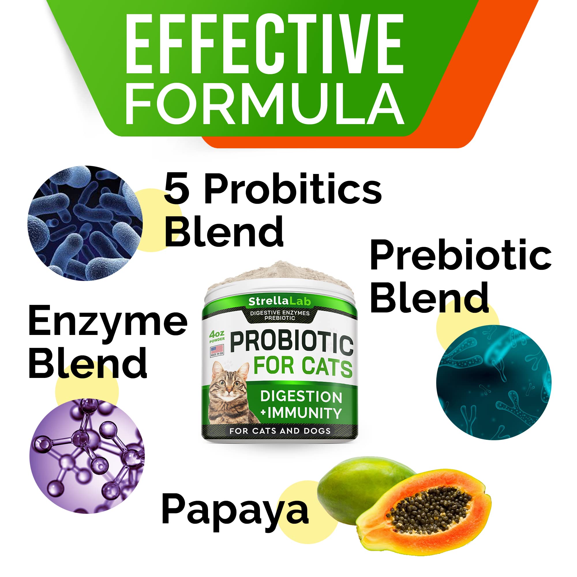 StrellaLab Cat Probiotic Powder - Probiotics for Cats with Diarrhea - Easy to Mix Powder - Cat Probiotics for Indoor Cats, Healt