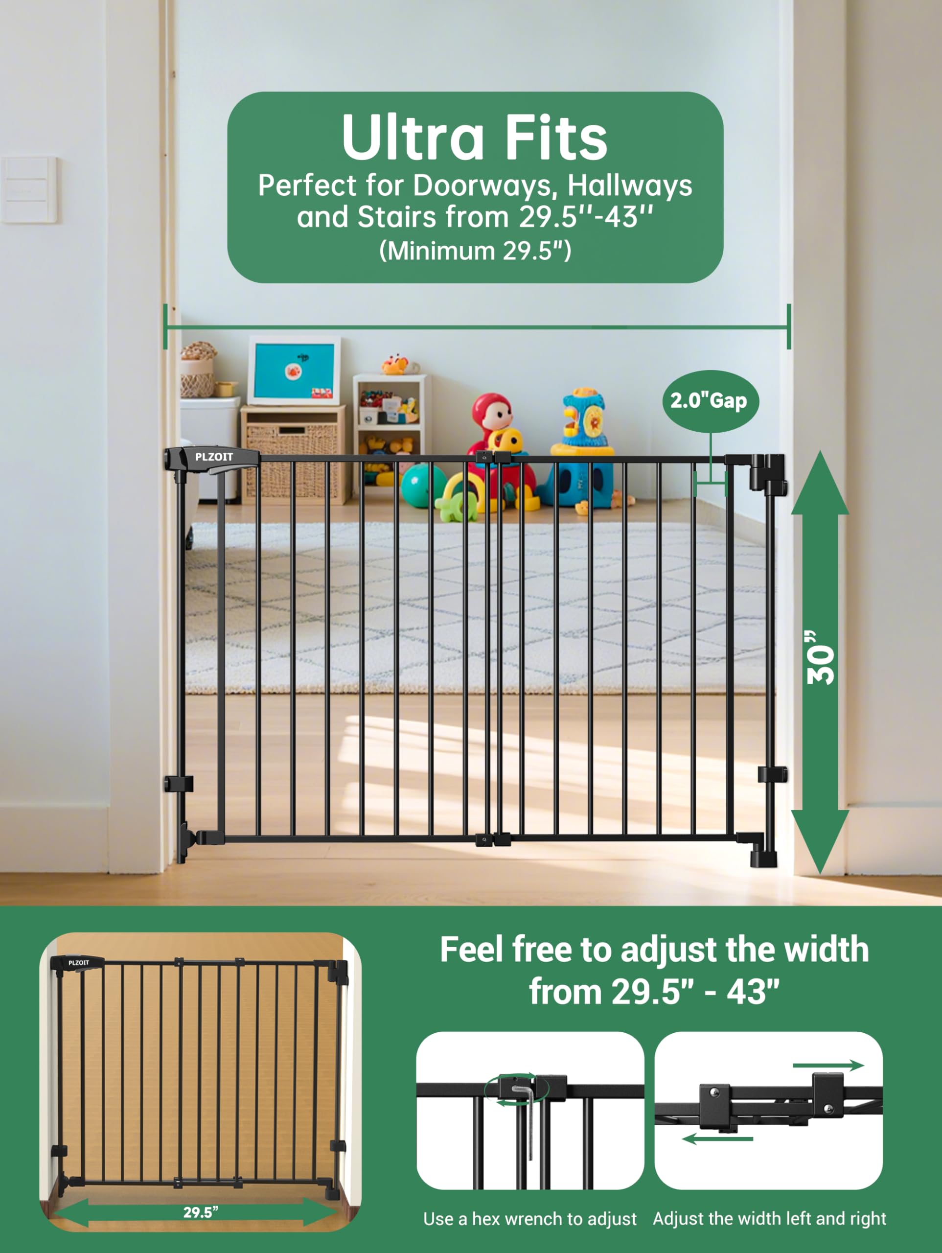 29.5-43 No Bottom Bar Baby Gate for Stairs, Auto Close Baby Gates for Doorways, Hardware Mounted, Dog/Pet Gate Indoor with Extra