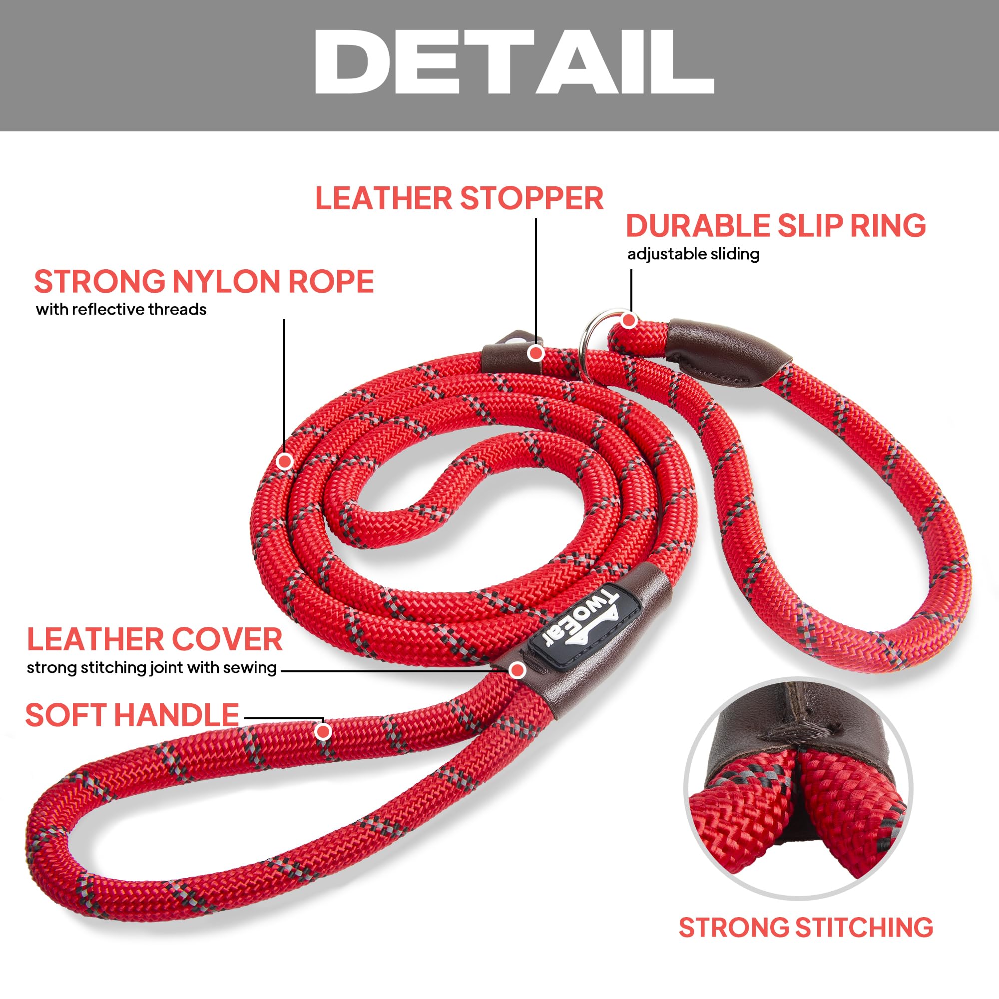 Twoear Dog Leash Dog Slip Rope Leash 6Ft Dog Training Leash Heavy Duty Strong Slip Lead Highly Reflective Threads For Small Medium And Large Dogs (Slim(3/8''X6Ft), Red)