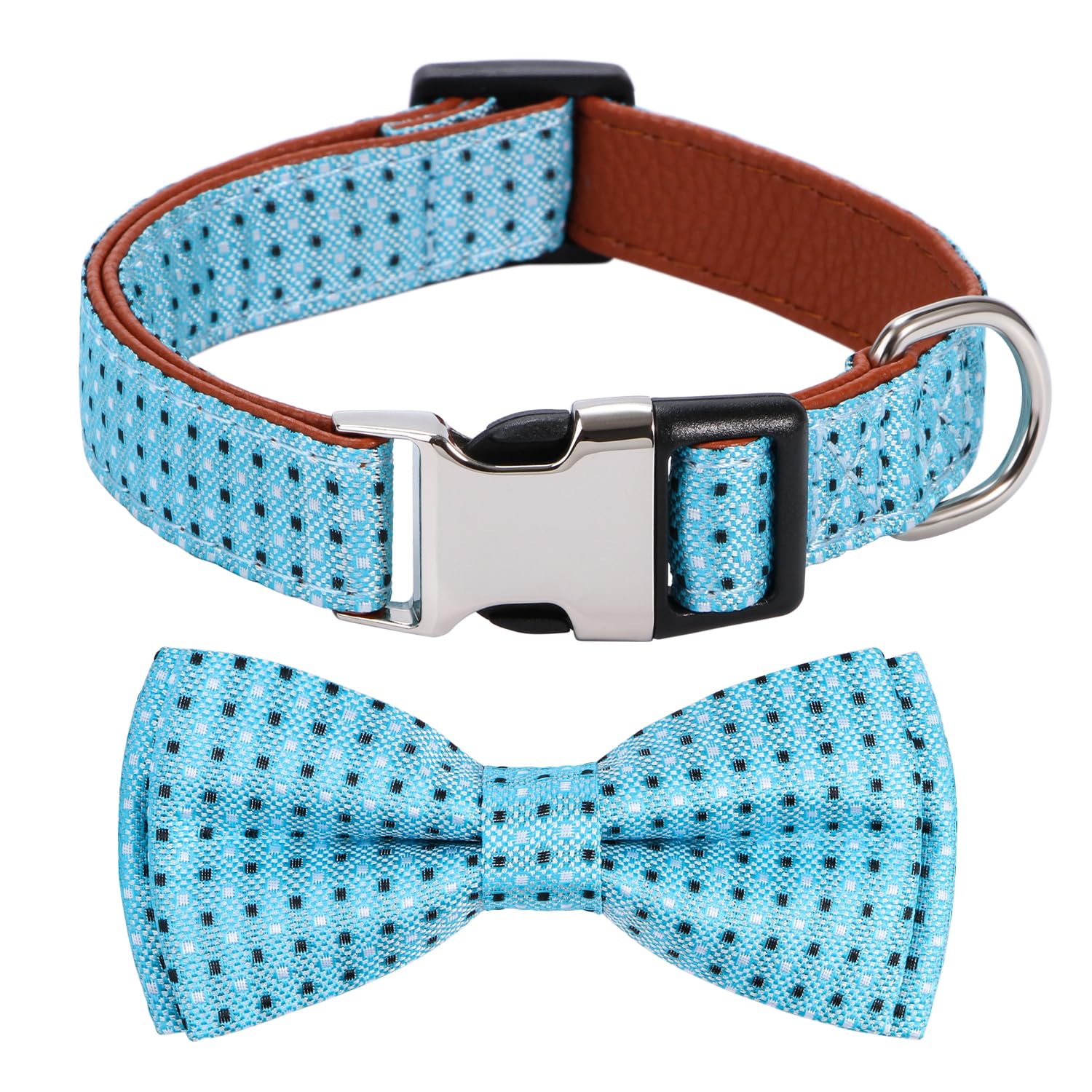 Rhea Rose Bow Tie Dog Collar Checkered Pattern Sky Blue with Bowtie for Boy Girl Dogs Large