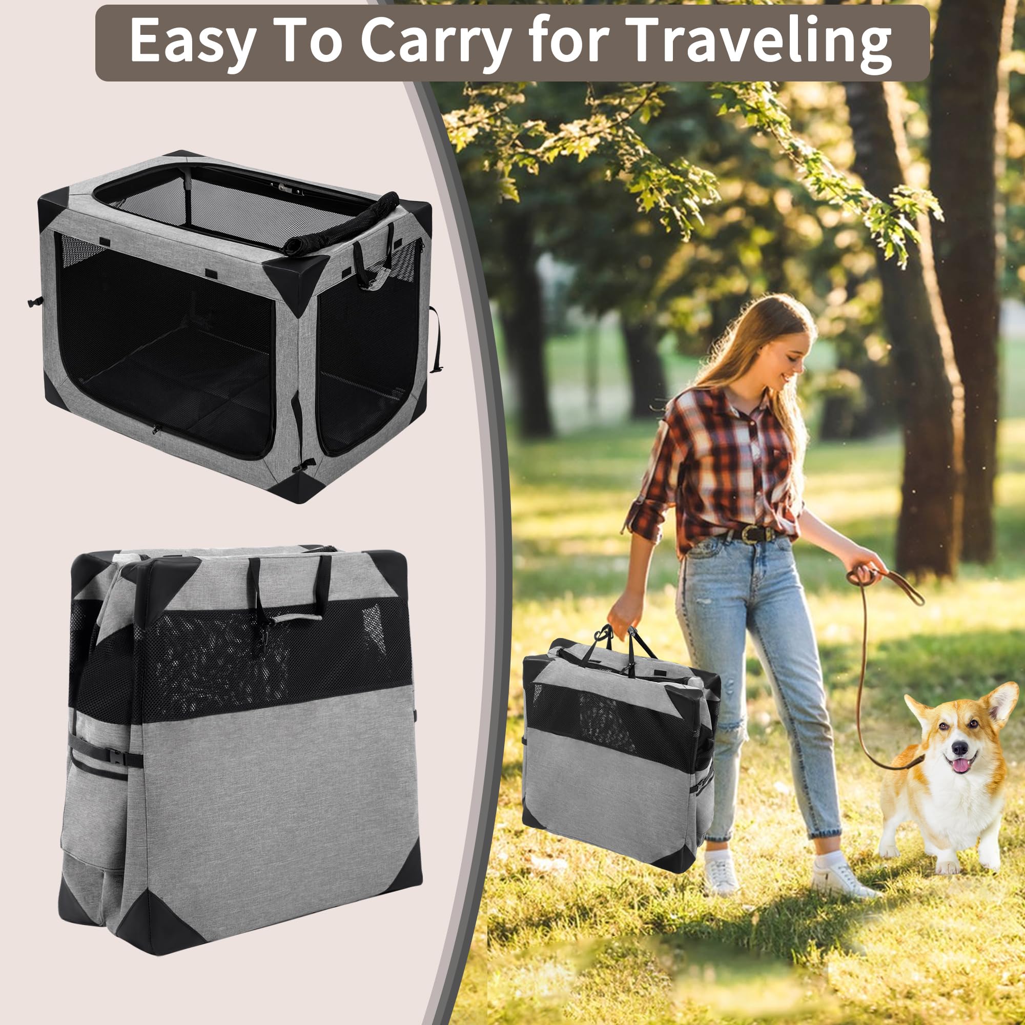 Hiaksedt Dog Crates - 30 Inch Collapsible Soft Dog Crate, 3-Door Foldable Soft Kennel for Medium Dogs, Portable Pet Travel Cage