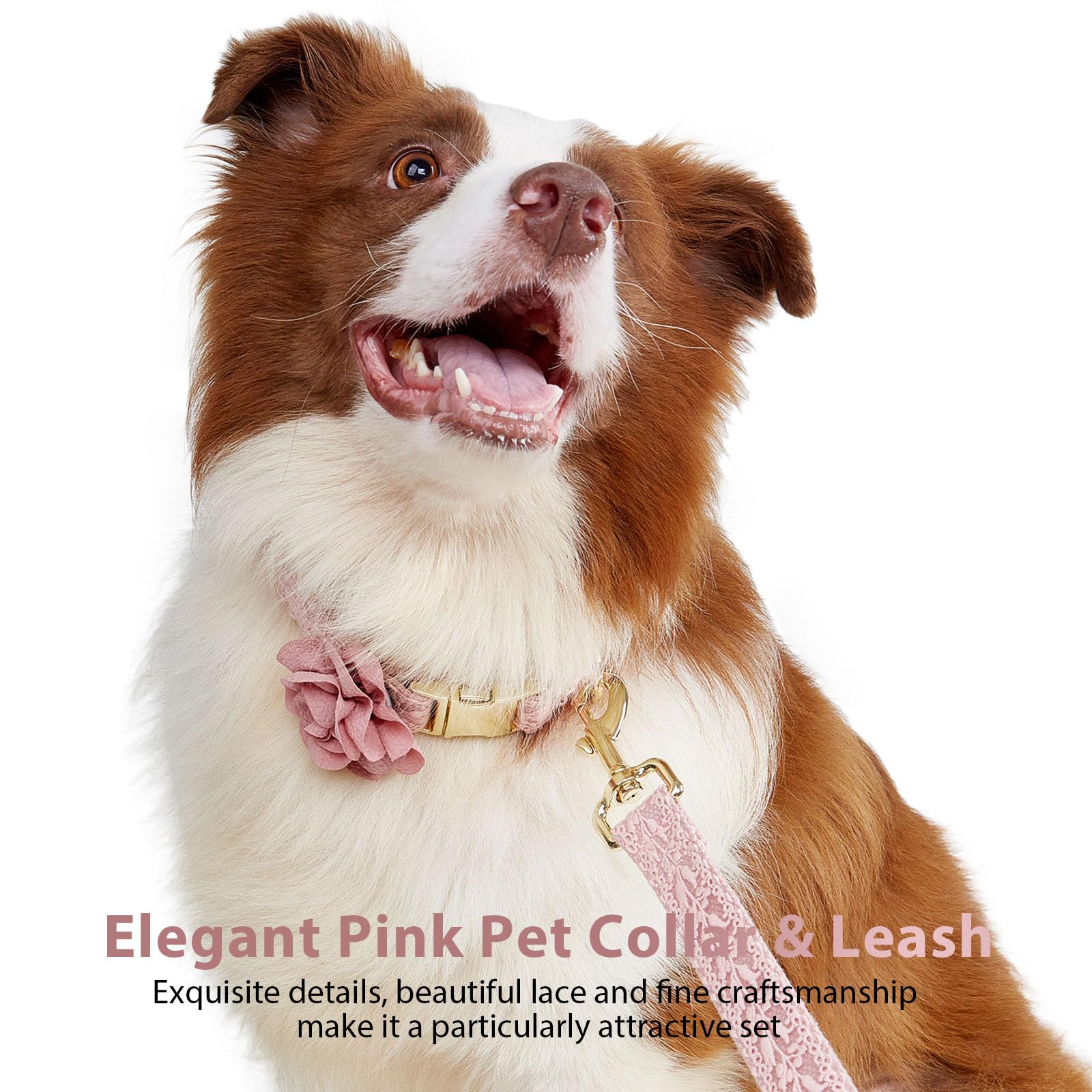 Hqrea Pink Lace Dog Collar And Leash Set For Small Dogs With Detachable Flower Bow, Gold Hardware, Elegant Pet Accessories For F